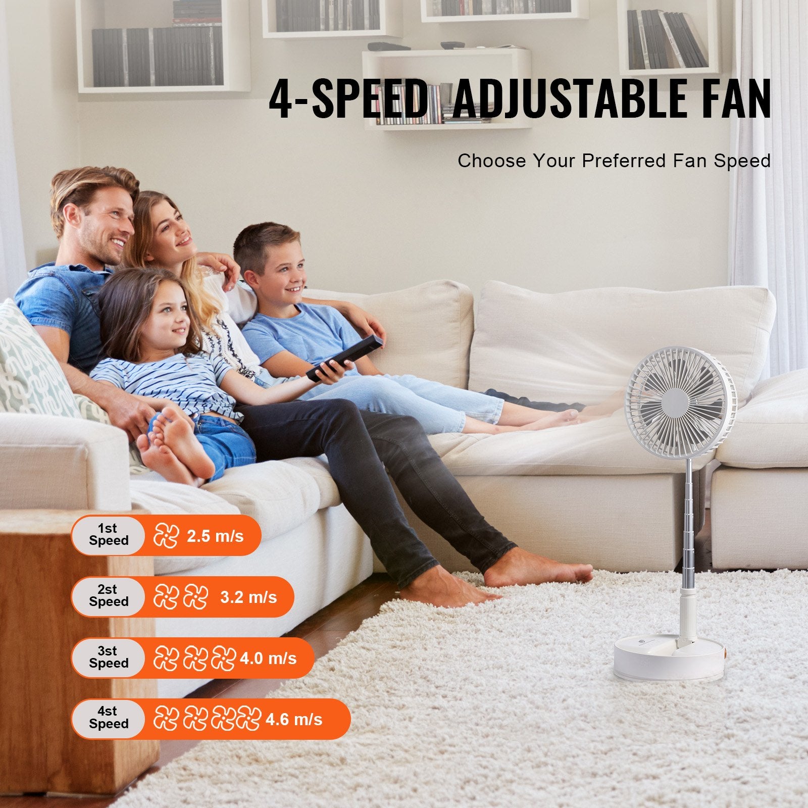 VEVOR 8 Inch Foldable Oscillating Standing Fan with Remote Control, 4 Speed Adjustable Portable Desk Quiet Fan, 7200mah Rechargeable USB Small Fan, Folded Rotating Floor Fan for Bedroom Office Travel 3