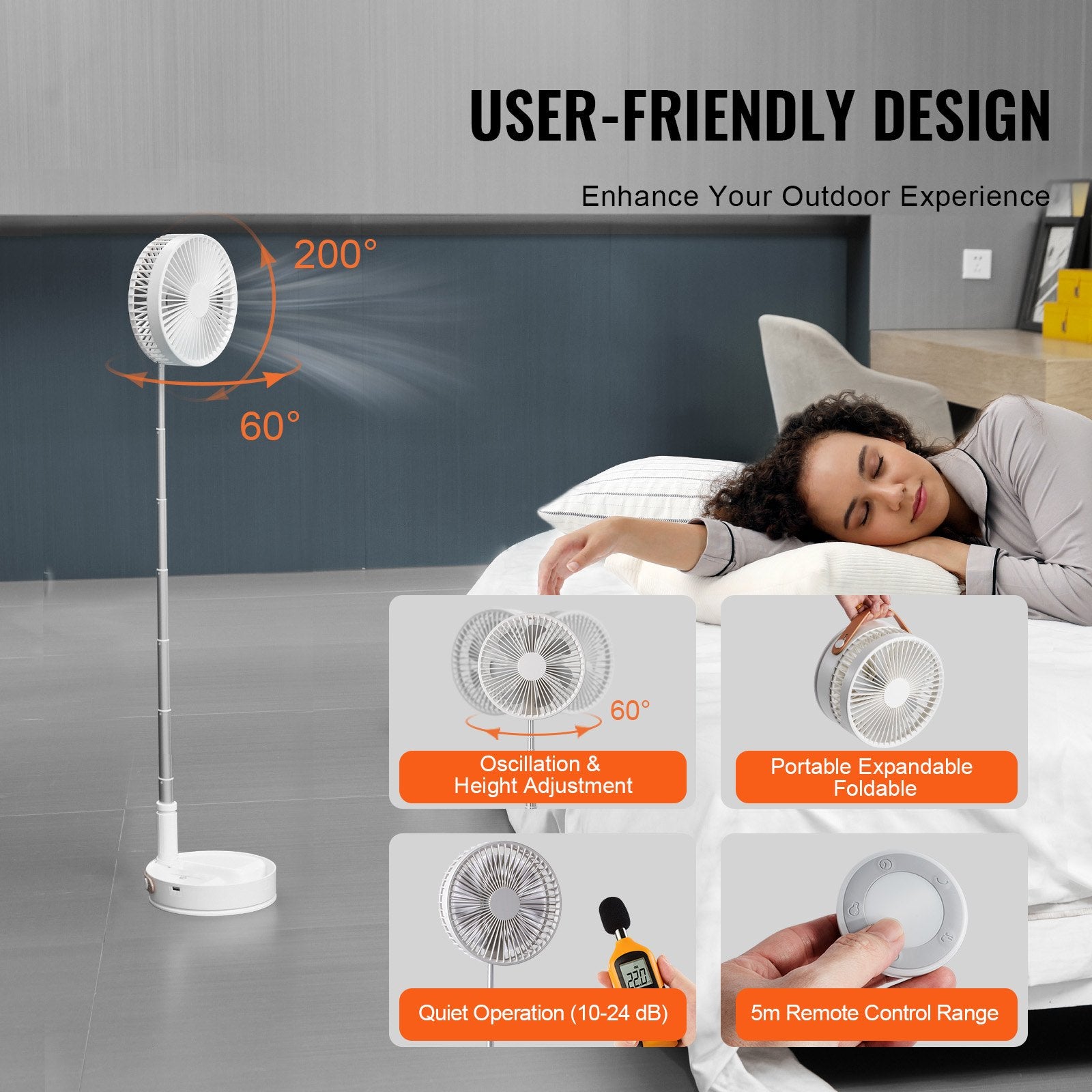 VEVOR 8 Inch Foldable Oscillating Standing Fan with Remote Control, 4 Speed Adjustable Portable Desk Quiet Fan, 7200mah Rechargeable USB Small Fan, Folded Rotating Floor Fan for Bedroom Office Travel 5