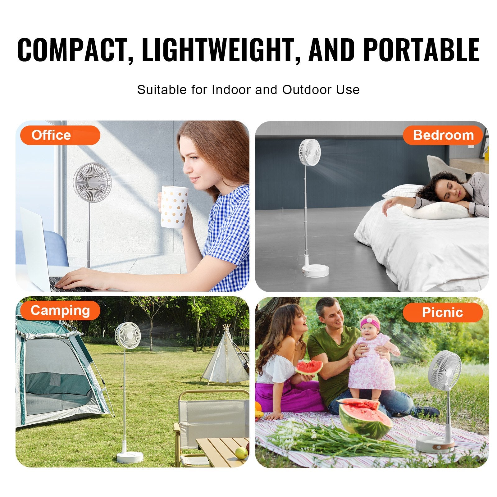VEVOR 8 Inch Foldable Oscillating Standing Fan with Remote Control, 4 Speed Adjustable Portable Desk Quiet Fan, 7200mah Rechargeable USB Small Fan, Folded Rotating Floor Fan for Bedroom Office Travel 6