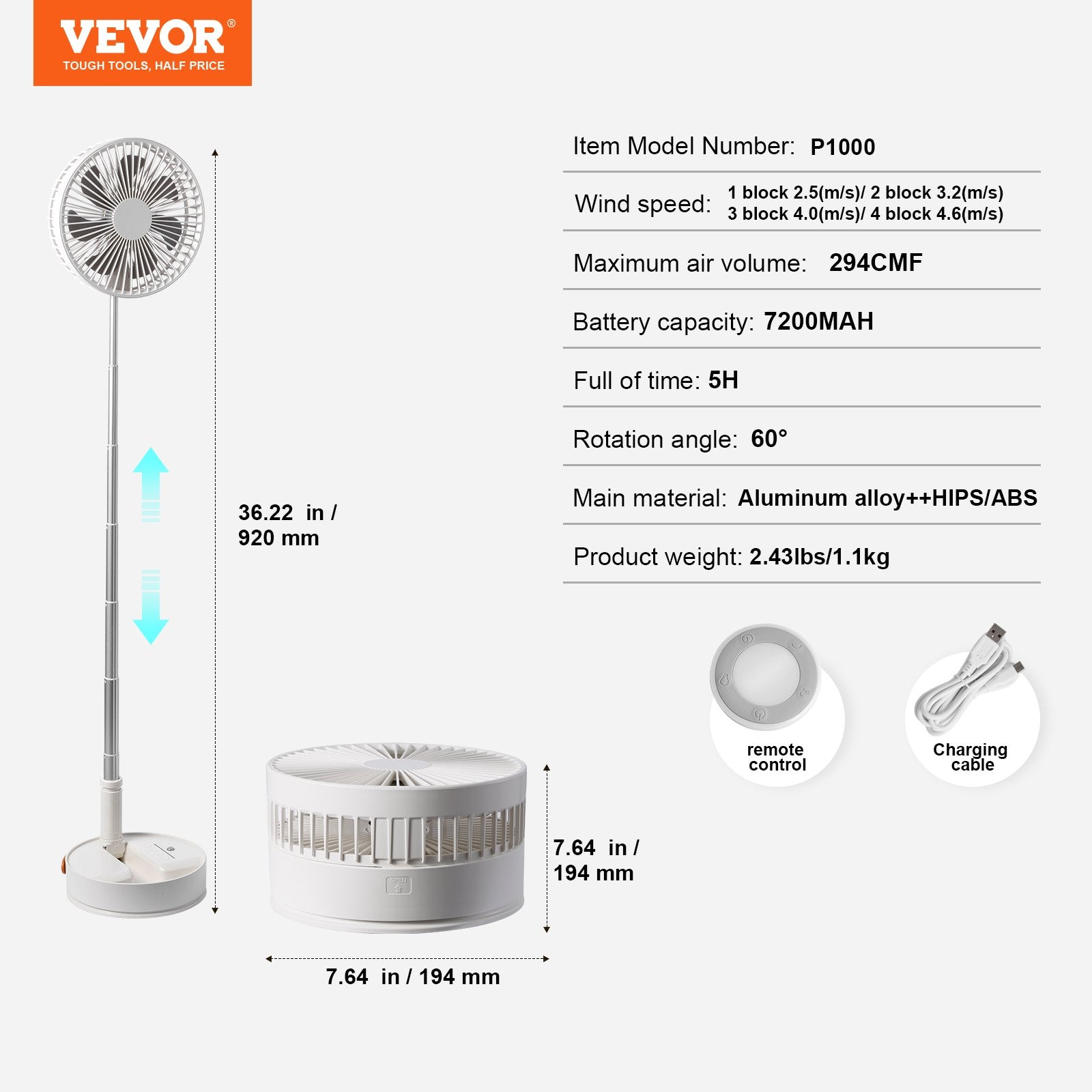 VEVOR 8 Inch Foldable Oscillating Standing Fan with Remote Control, 4 Speed Adjustable Portable Desk Quiet Fan, 7200mah Rechargeable USB Small Fan, Folded Rotating Floor Fan for Bedroom Office Travel 7