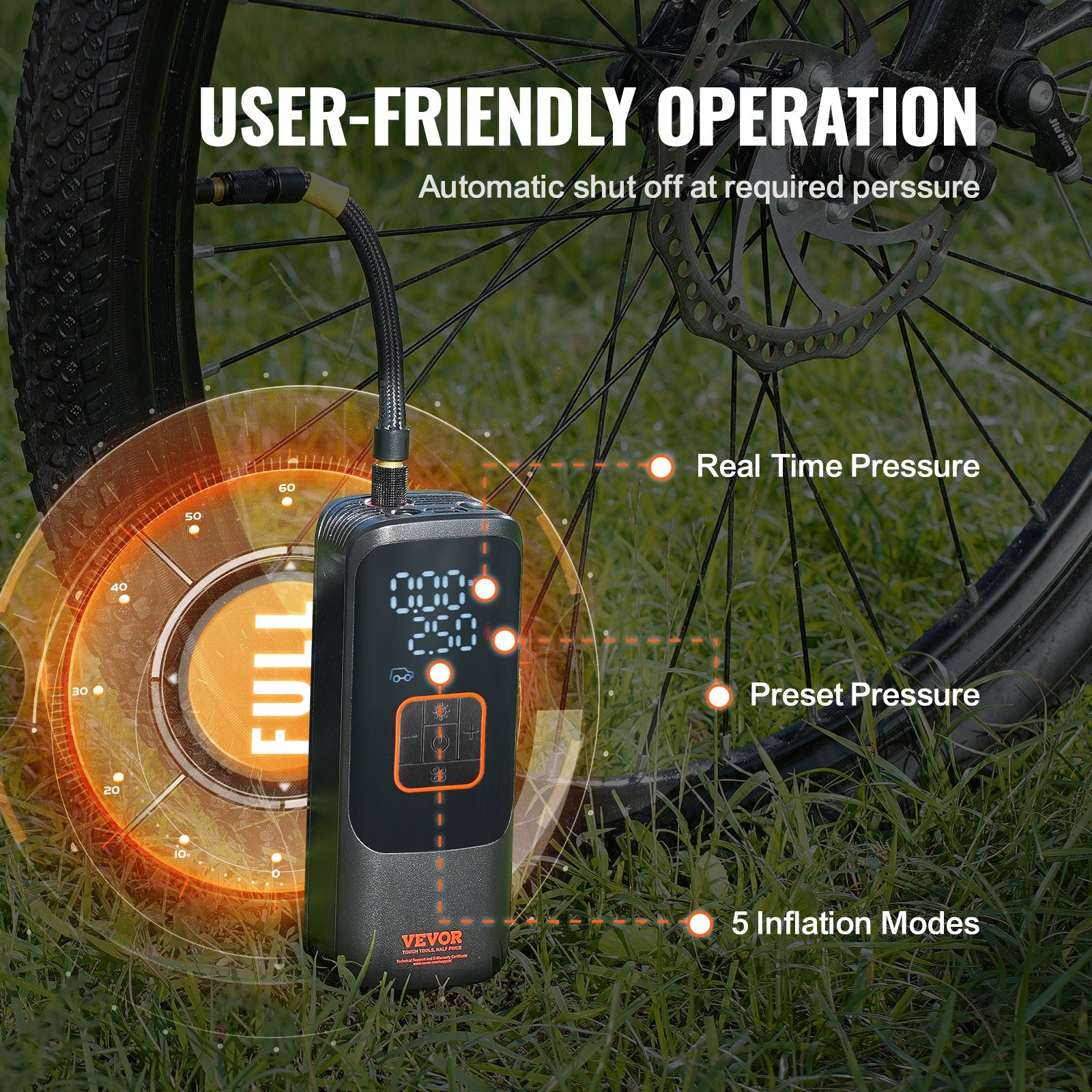 VEVOR Tire Inflator Portable Air Compressor, 150 PSI Electric Air Pump, 4000mAh Rechargeable Tire Pump with Auto-Off Function, LCD Pressure Gauge, 3 Nozzles, LED Light for Car Motorcycle Bike Ball 3