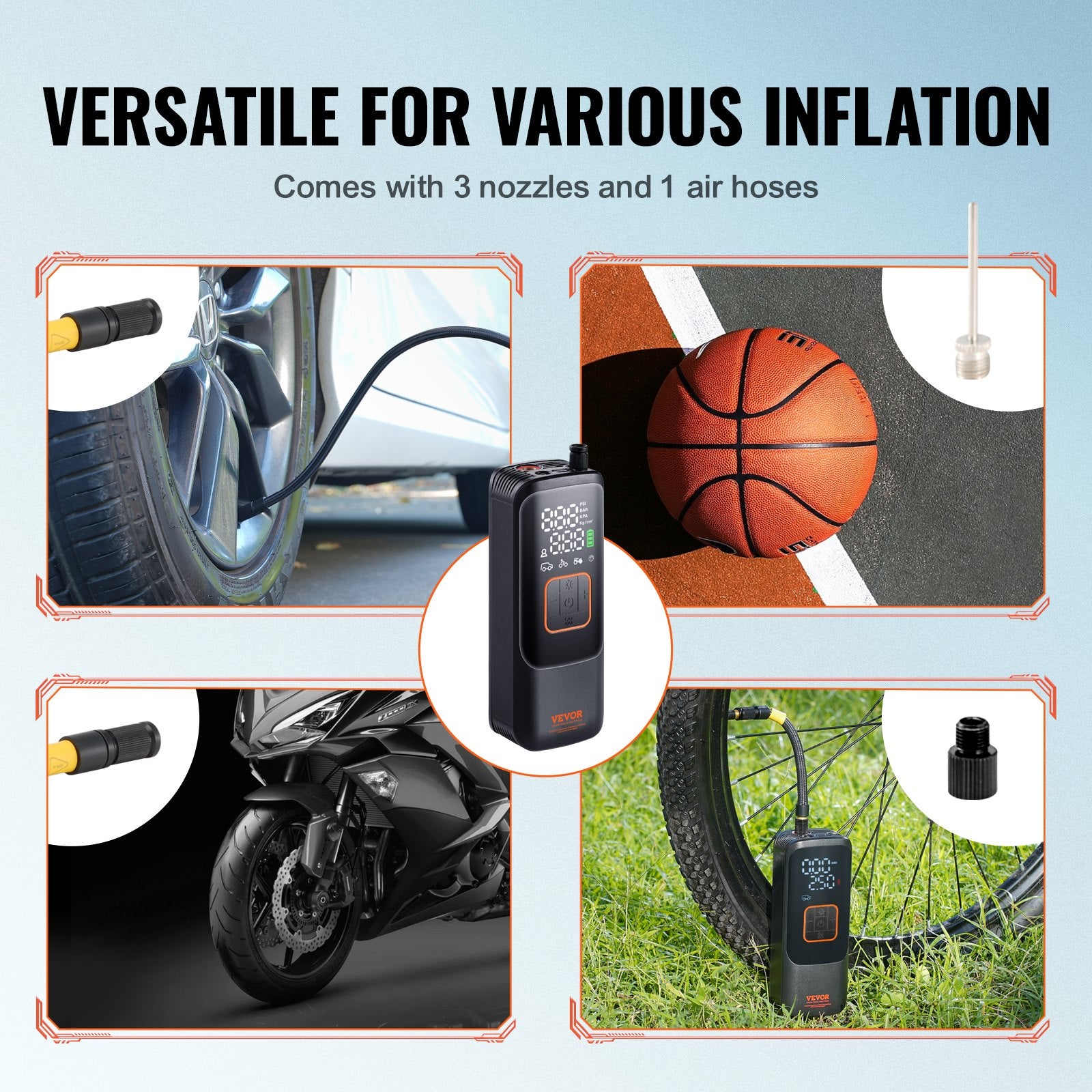 VEVOR Tire Inflator Portable Air Compressor, 150 PSI Electric Air Pump, 4000mAh Rechargeable Tire Pump with Auto-Off Function, LCD Pressure Gauge, 3 Nozzles, LED Light for Car Motorcycle Bike Ball 5