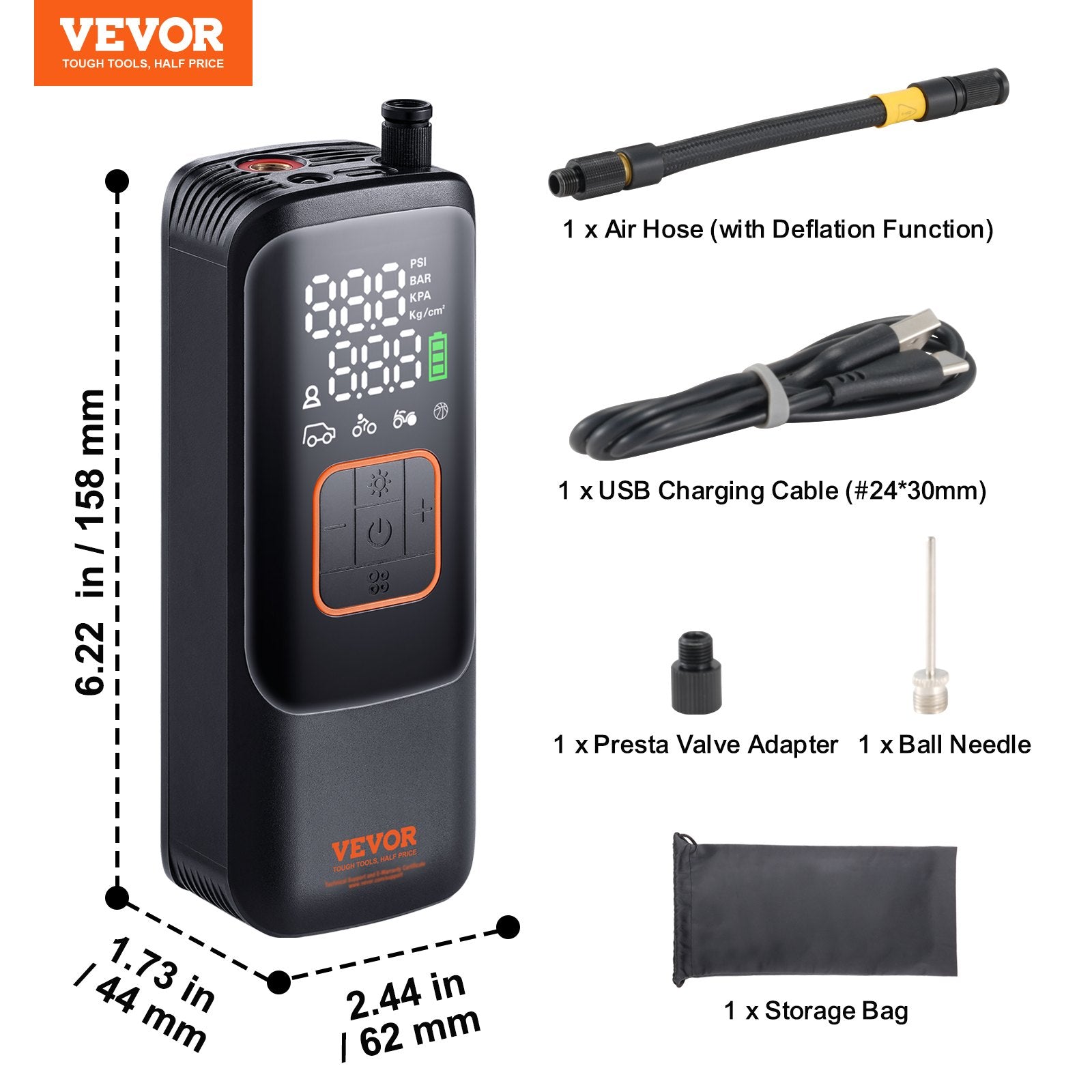 VEVOR Tire Inflator Portable Air Compressor, 150 PSI Electric Air Pump, 4000mAh Rechargeable Tire Pump with Auto-Off Function, LCD Pressure Gauge, 3 Nozzles, LED Light for Car Motorcycle Bike Ball 6