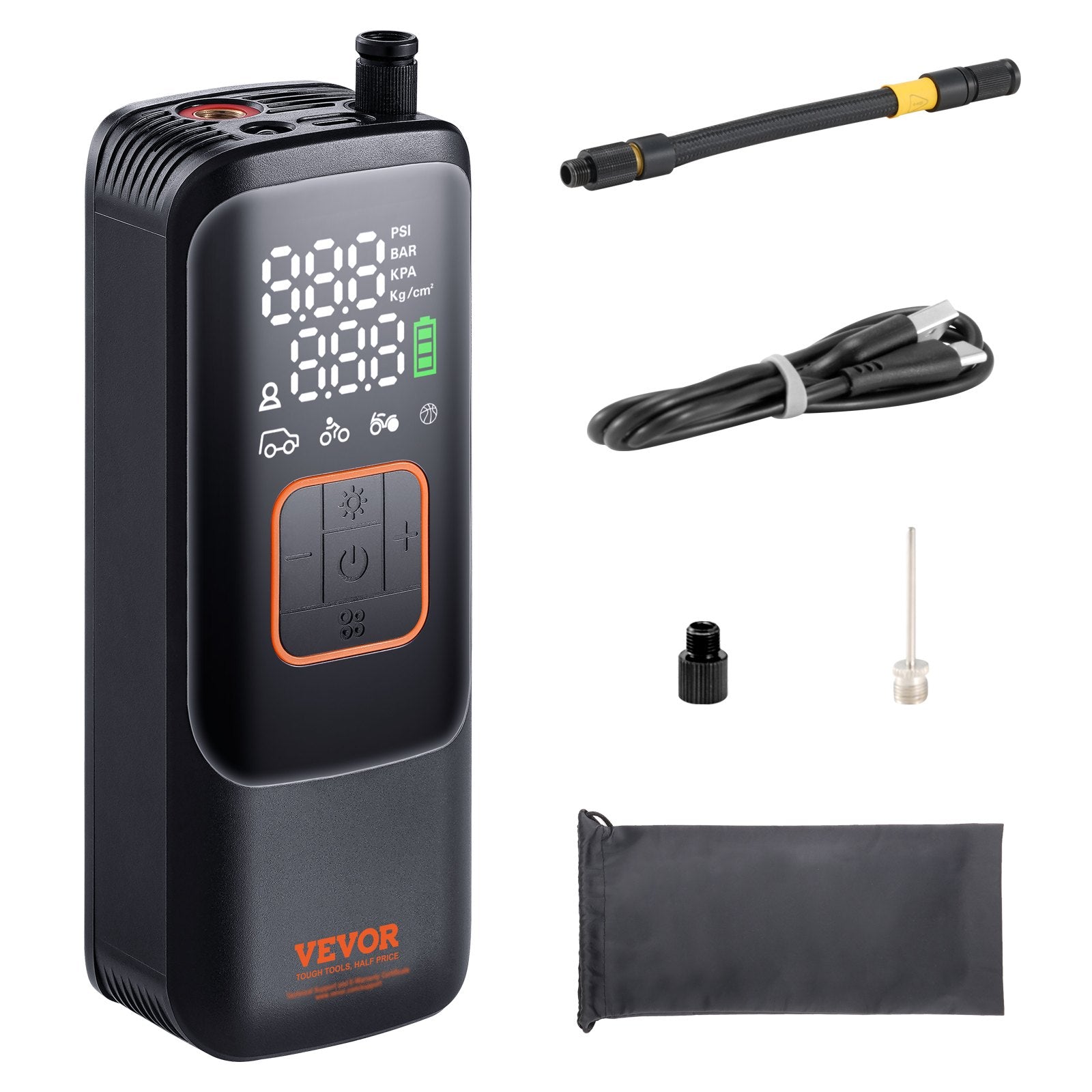 VEVOR Tire Inflator Portable Air Compressor, 150 PSI Electric Air Pump, 4000mAh Rechargeable Tire Pump with Auto-Off Function, LCD Pressure Gauge, 3 Nozzles, LED Light for Car Motorcycle Bike Ball 9