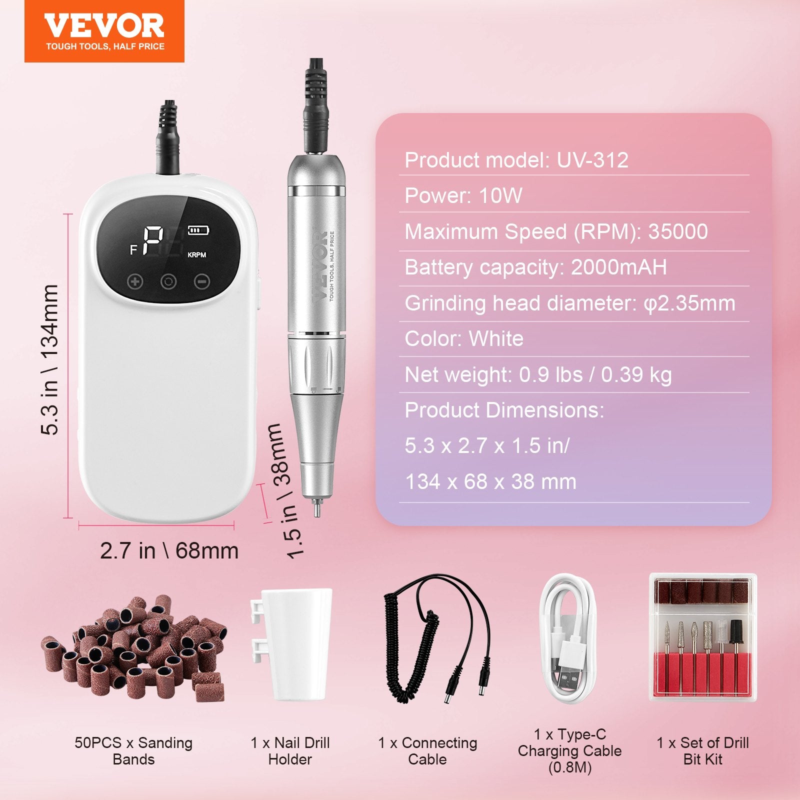 VEVOR Electric Rechargeable Nail Drill, 35,000RPM Portable Cordless Nail E File Machine, LCD-Display Acrylic Gel Grinder Tool with 6 Bits and 50PCS Sanding Bands for Manicure Pedicure Carve Polish 7