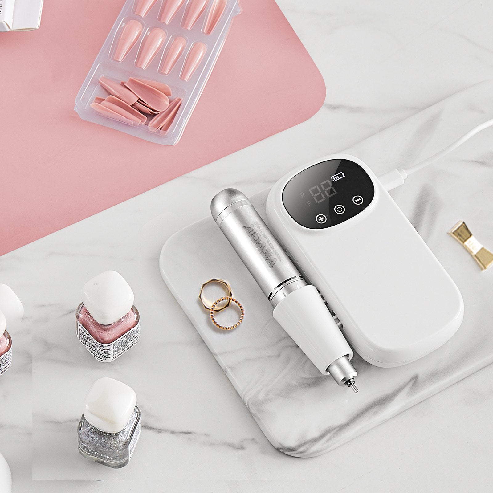 VEVOR Electric Rechargeable Nail Drill, 35,000RPM Portable Cordless Nail E File Machine, LCD-Display Acrylic Gel Grinder Tool with 6 Bits and 50PCS Sanding Bands for Manicure Pedicure Carve Polish 8