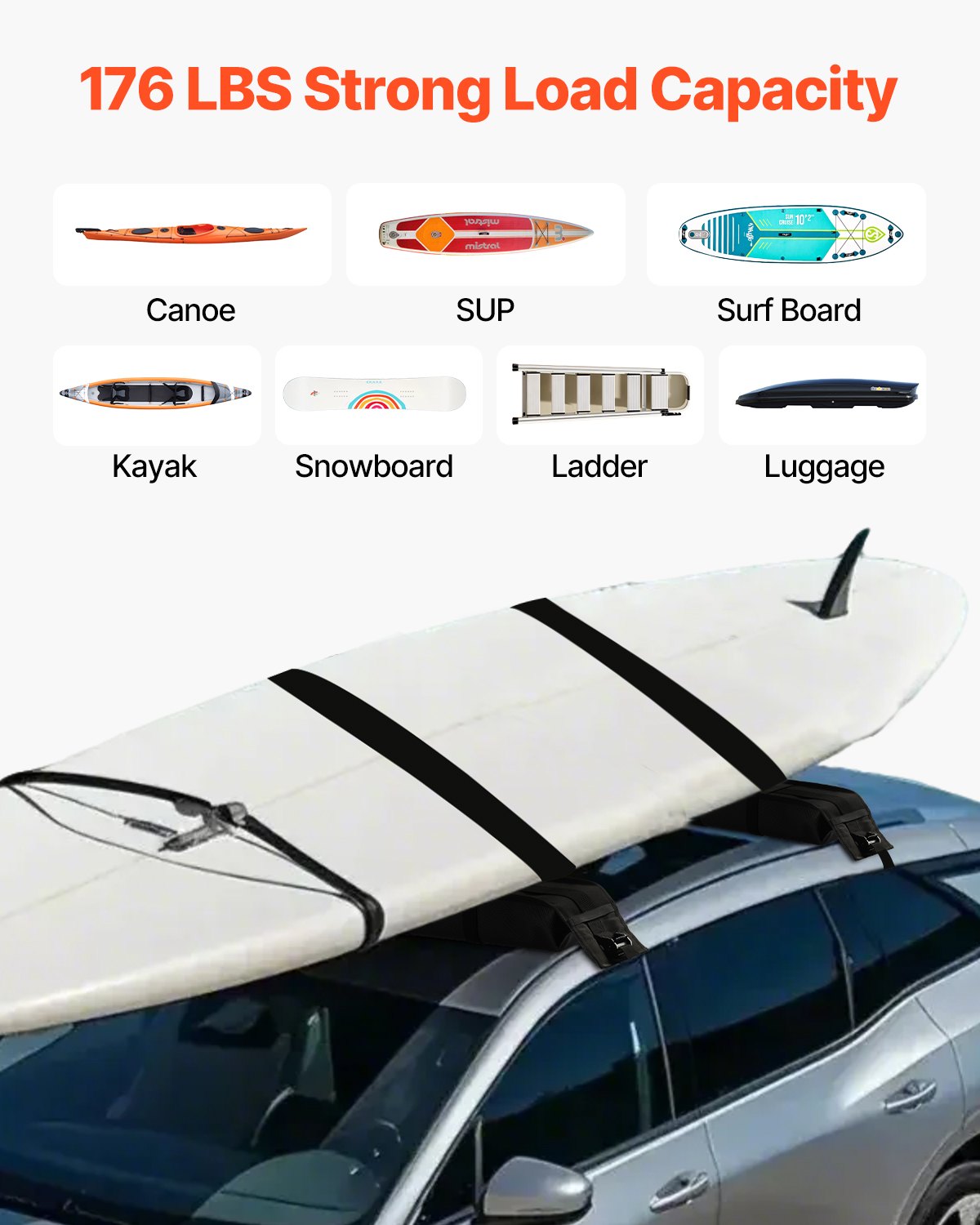 VEVOR Soft Roof Rack Pads 33in 176lbs Load Capacity for Kayak Canoe Surfboard Luggage 3