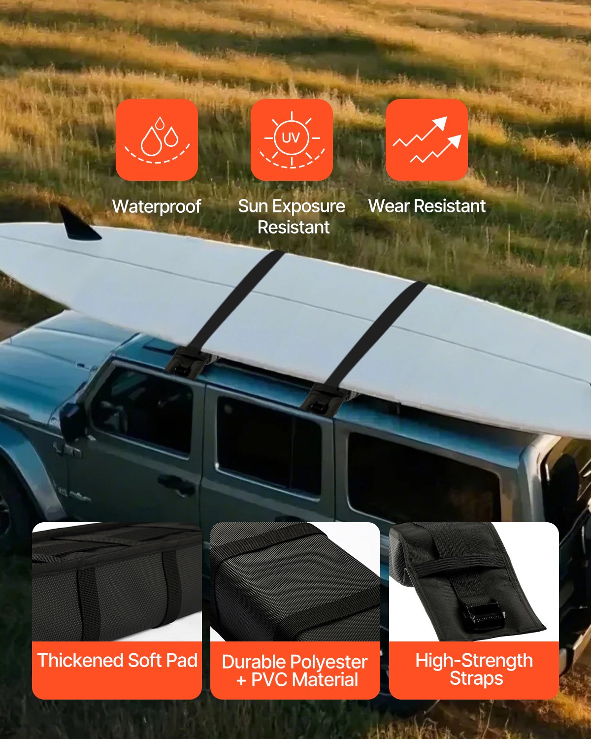 VEVOR Soft Roof Rack Pads 33in 176lbs Load Capacity for Kayak Canoe Surfboard Luggage 6