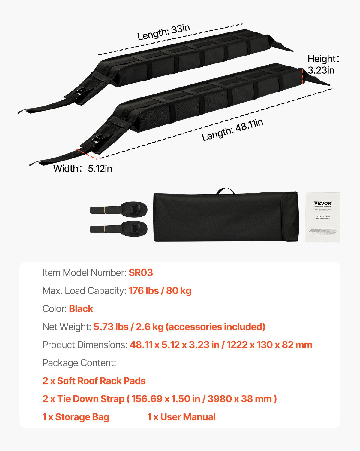 VEVOR Soft Roof Rack Pads 33in 176lbs Load Capacity for Kayak Canoe Surfboard Luggage 7