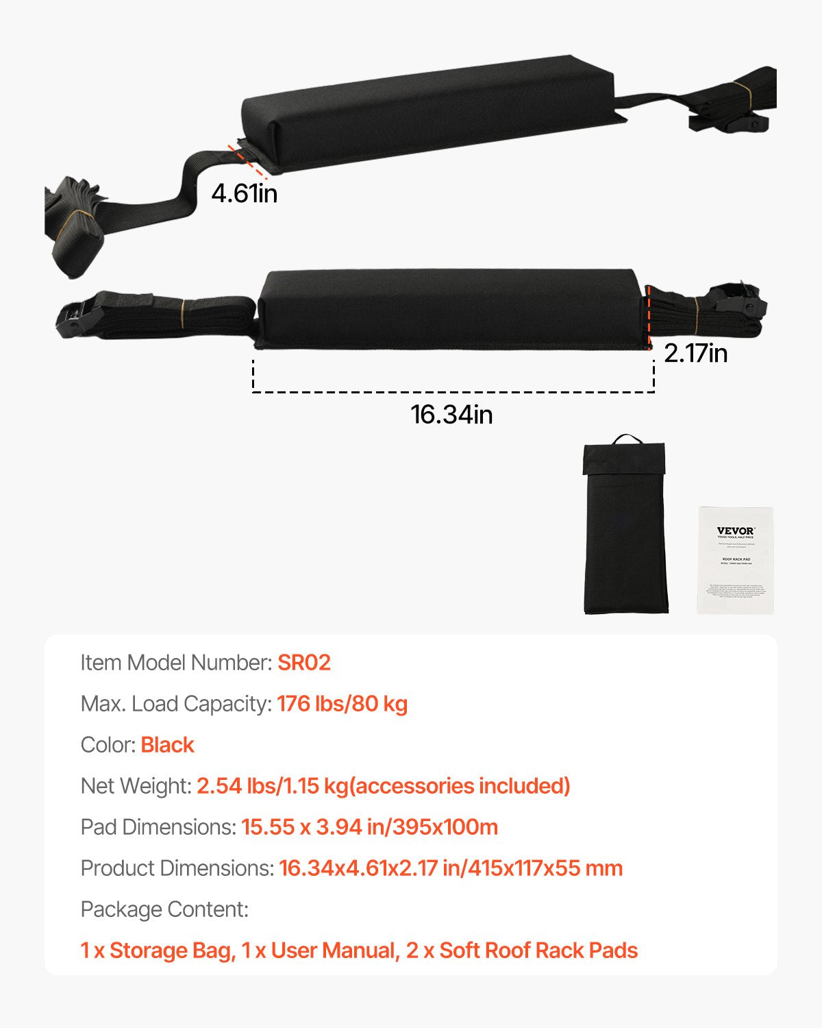VEVOR Soft Roof Rack Pads 15.5in 176lbs Load Capacity for Kayak Canoe Surfboard 7