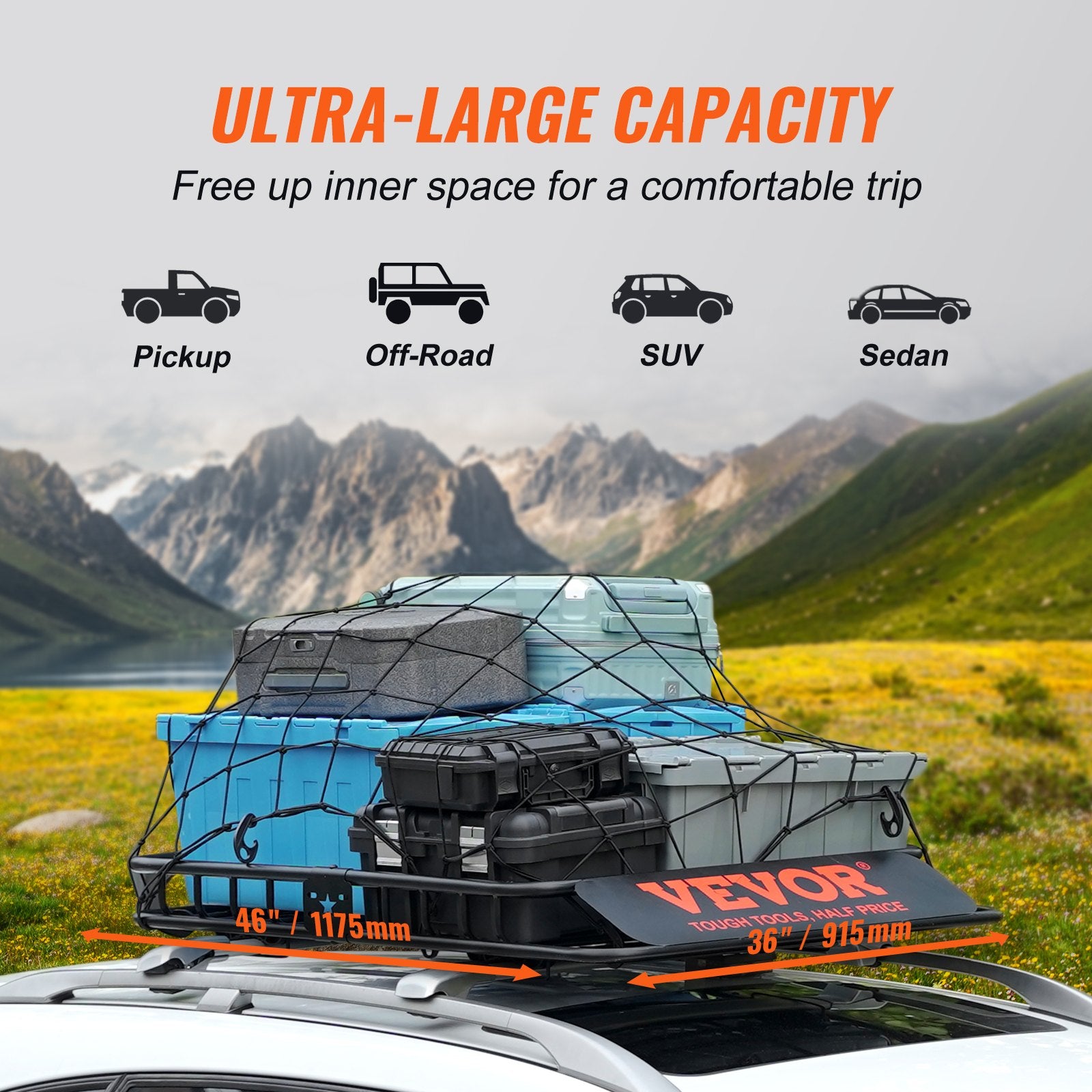 VEVOR Roof Rack Cargo Basket 200 LBS Capacity 46"x36"x4.5" for SUV Truck Cars 4