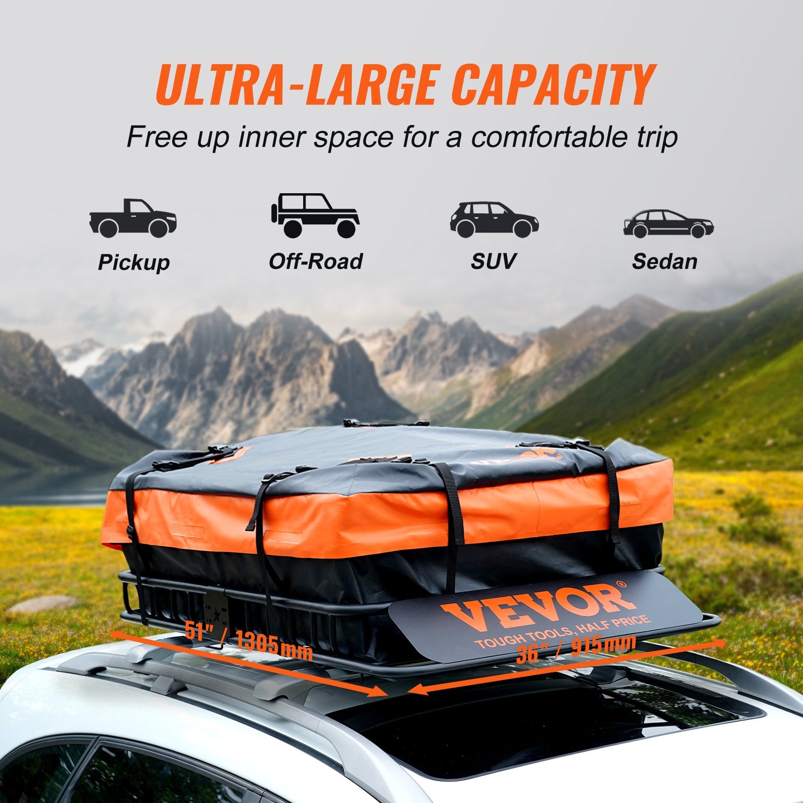 VEVOR Roof Rack Cargo Basket 200 LBS 51"x36"x5" for SUV Truck with Luggage Bag 4