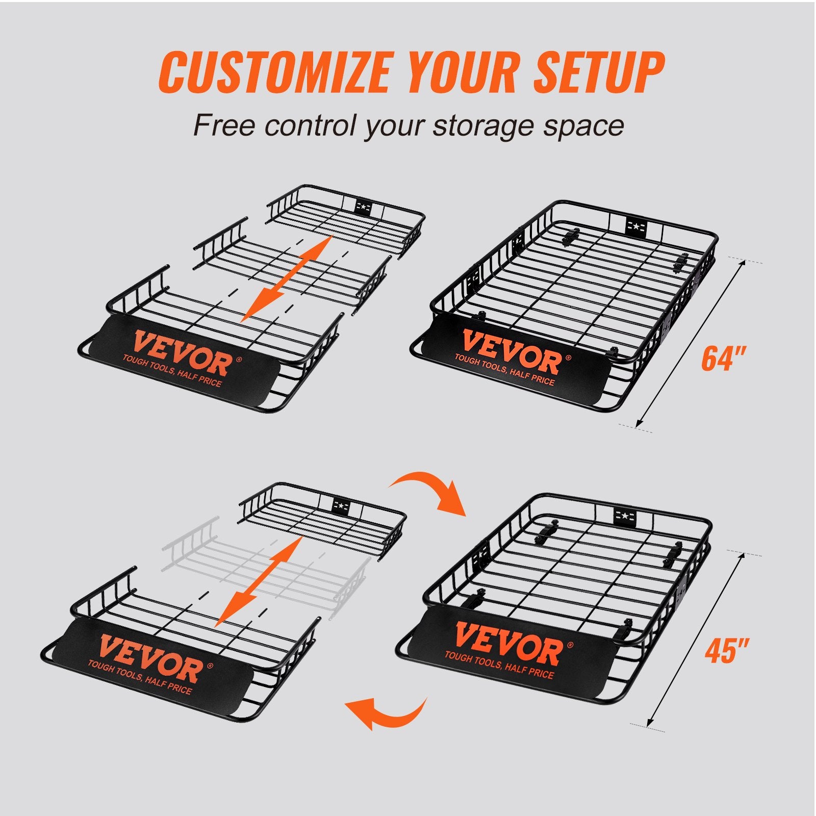 VEVOR Roof Rack Cargo Basket 200 LBS Capacity Extension 64"x39"x6" for SUV Truck 4