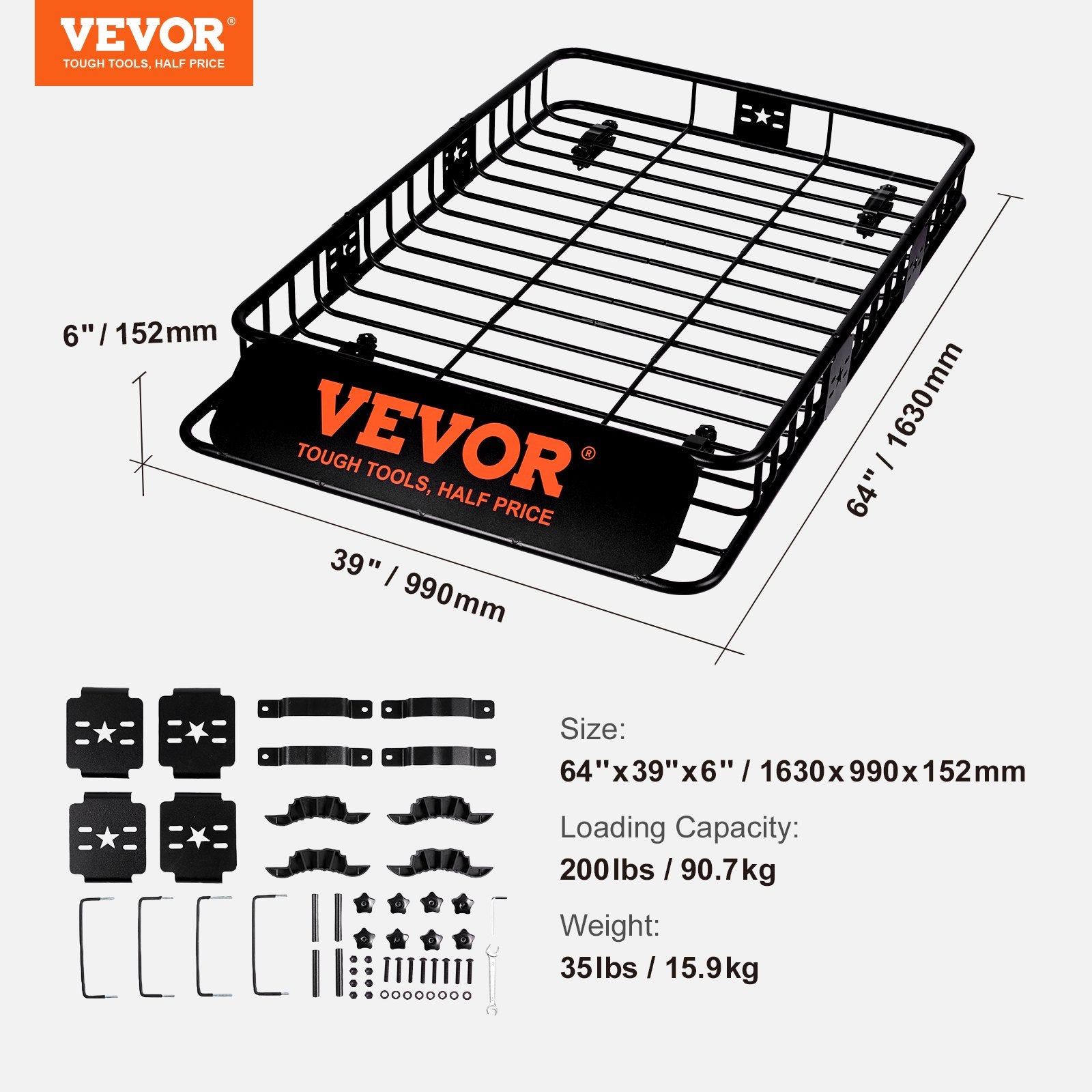 VEVOR Roof Rack Cargo Basket 200 LBS Capacity Extension 64"x39"x6" for SUV Truck 7