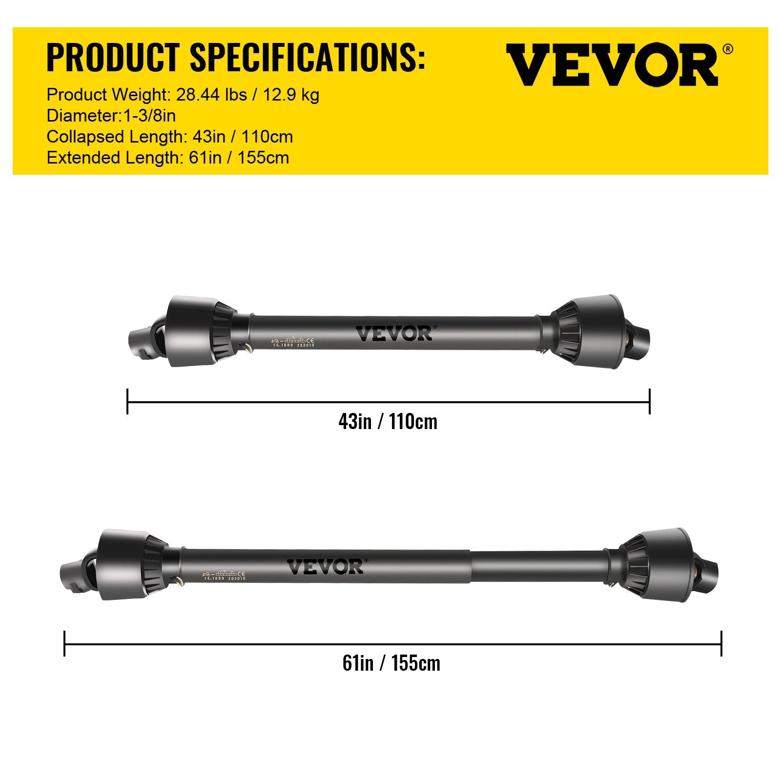 VEVOR PTO Shaft PTO Drive Shaft 1-3/8" x 6 Spline Ends Round End T4 43"-61" 5