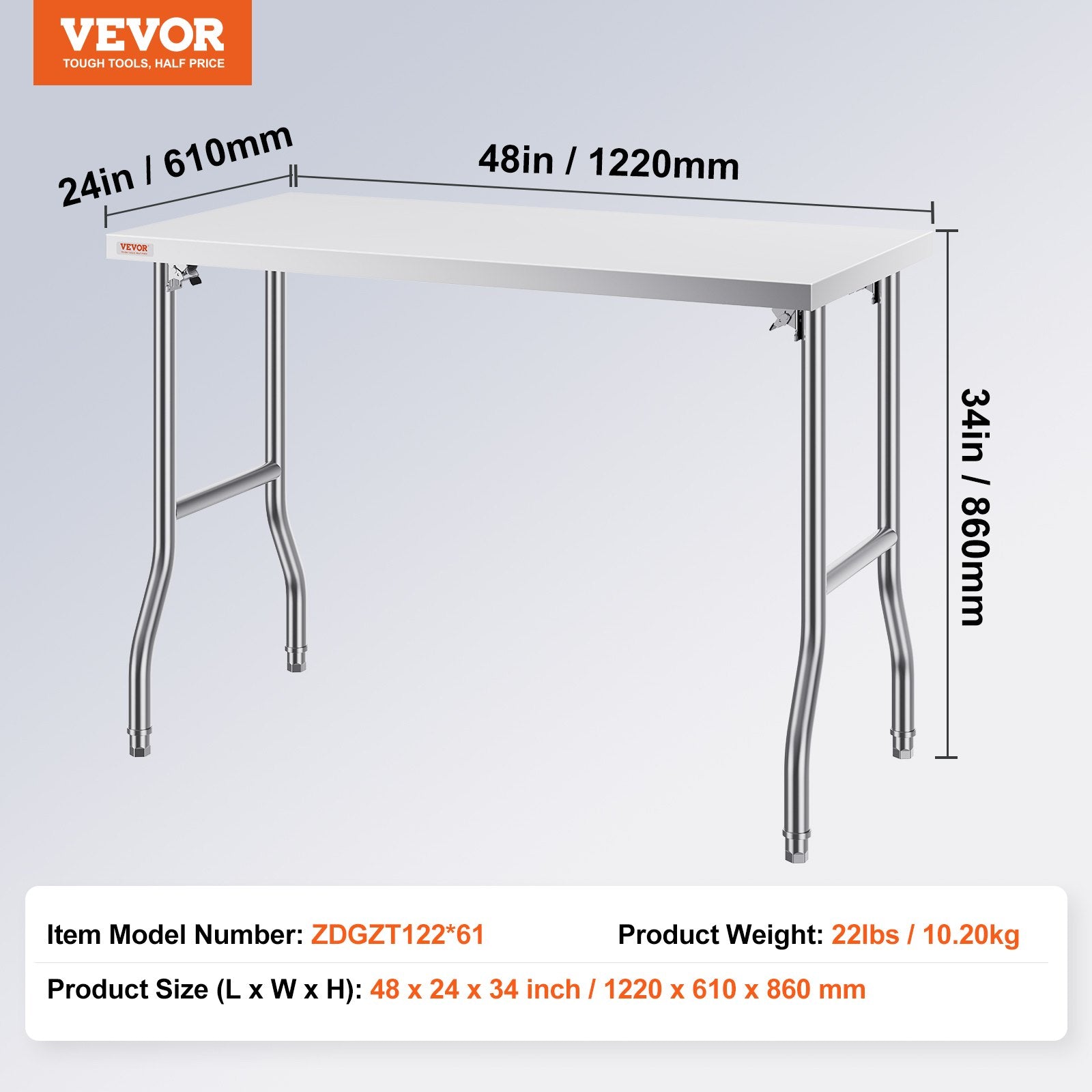 VEVOR Stainless Steel Kitchen Bench Folding Commercial Prep Table 1220x610 mm 7