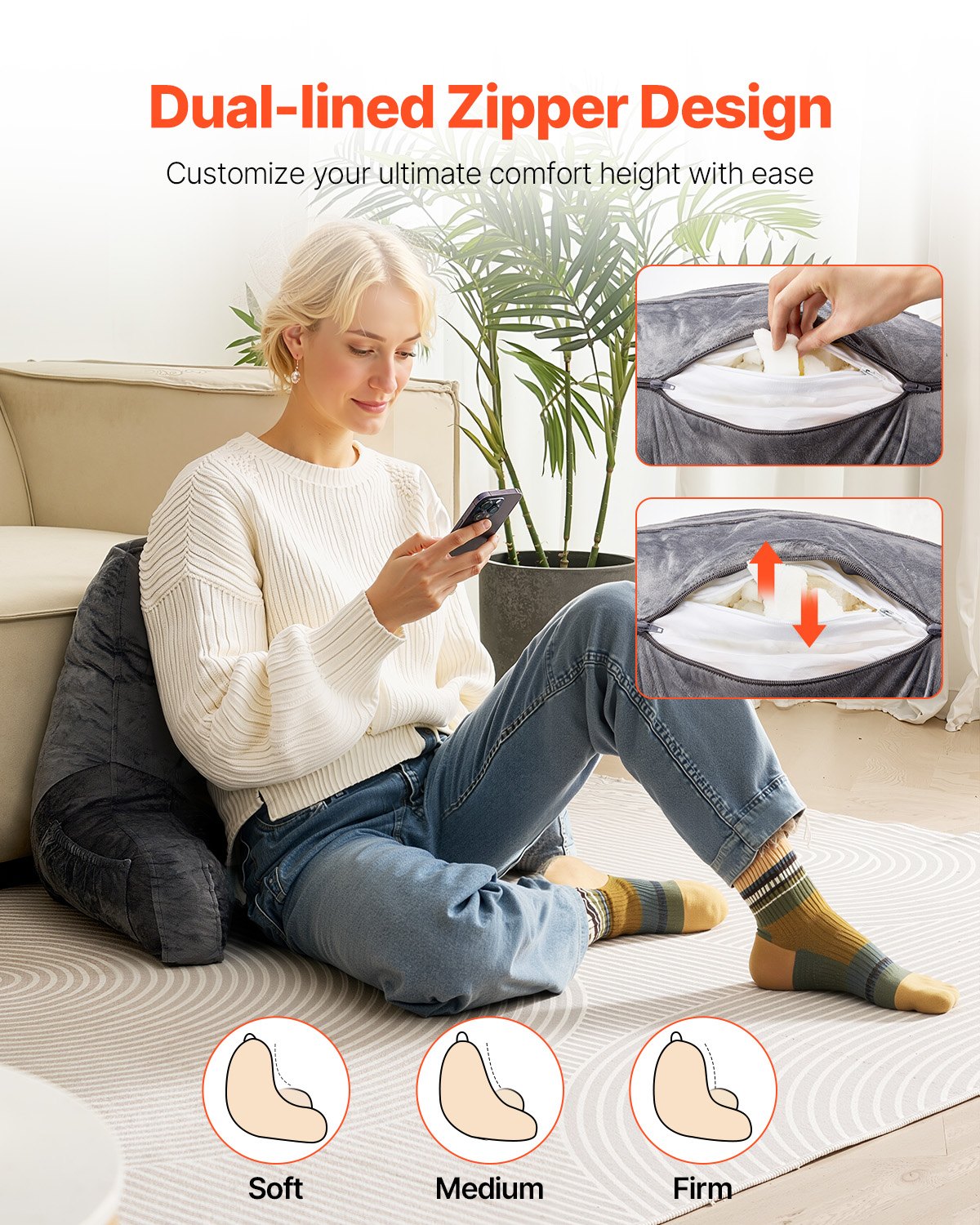 VEVOR Reading Pillow Standard Size Bed Pillow with Shredded Memory Foam Washable 3