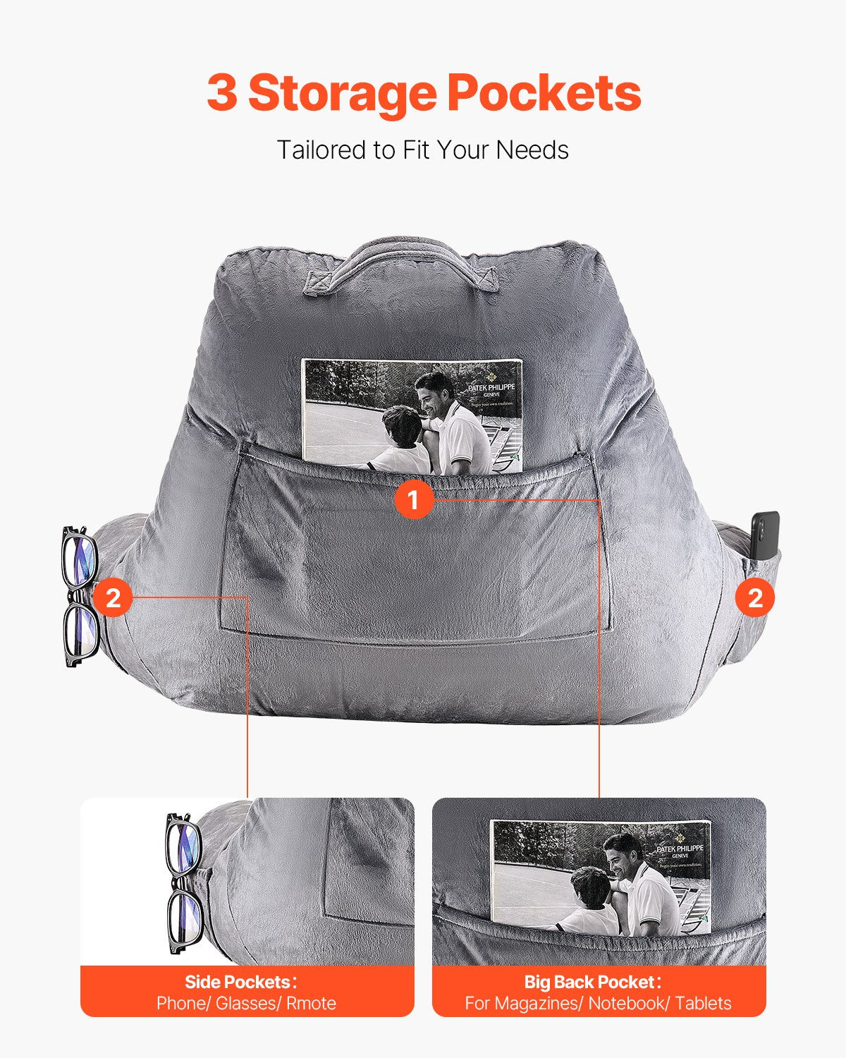 VEVOR Reading Pillow Standard Size Bed Pillow with Shredded Memory Foam Washable 5