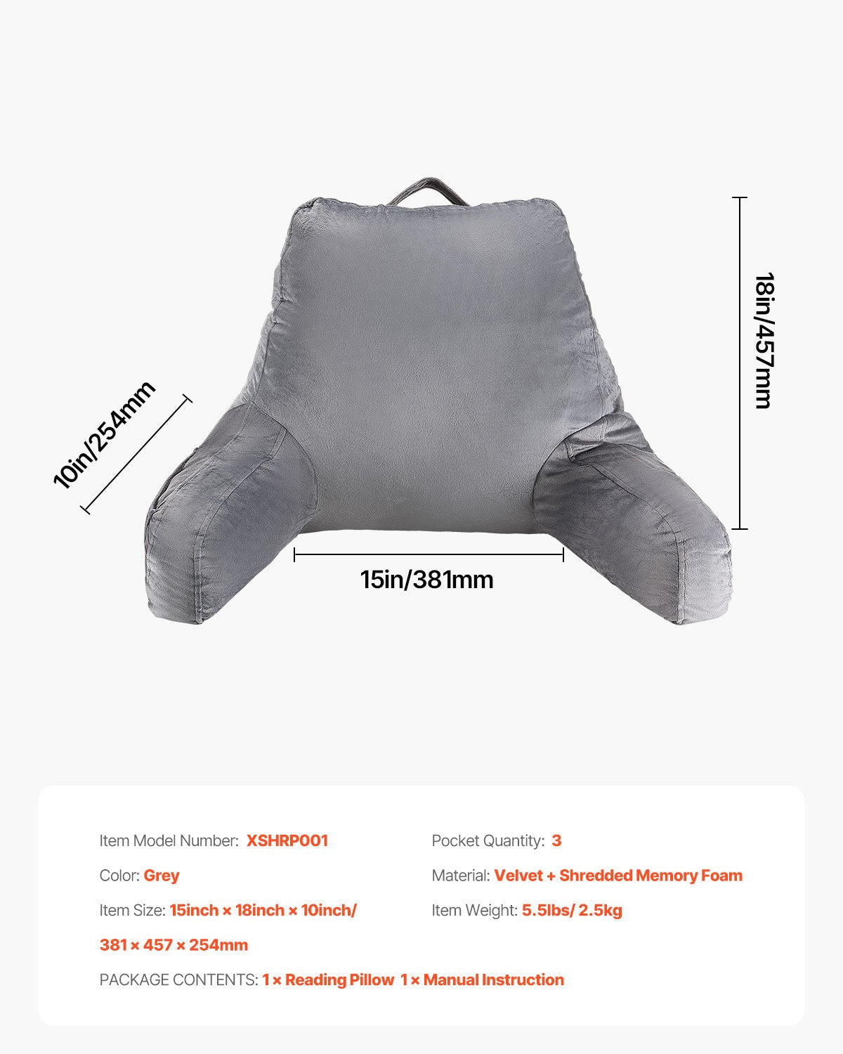 VEVOR Reading Pillow Standard Size Bed Pillow with Shredded Memory Foam Washable 7