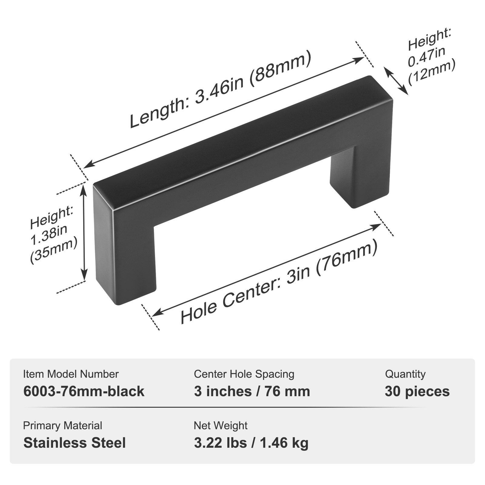 VEVOR 30 Pack Cabinet Pulls, 3in / 76mm Center to Center Slim Square Kitchen Cabinet Drawer, Stainless Steel Modern Kitchen Cupboard Door Handles for Kitchen Bathroom Bar Hardware Matte Black 7