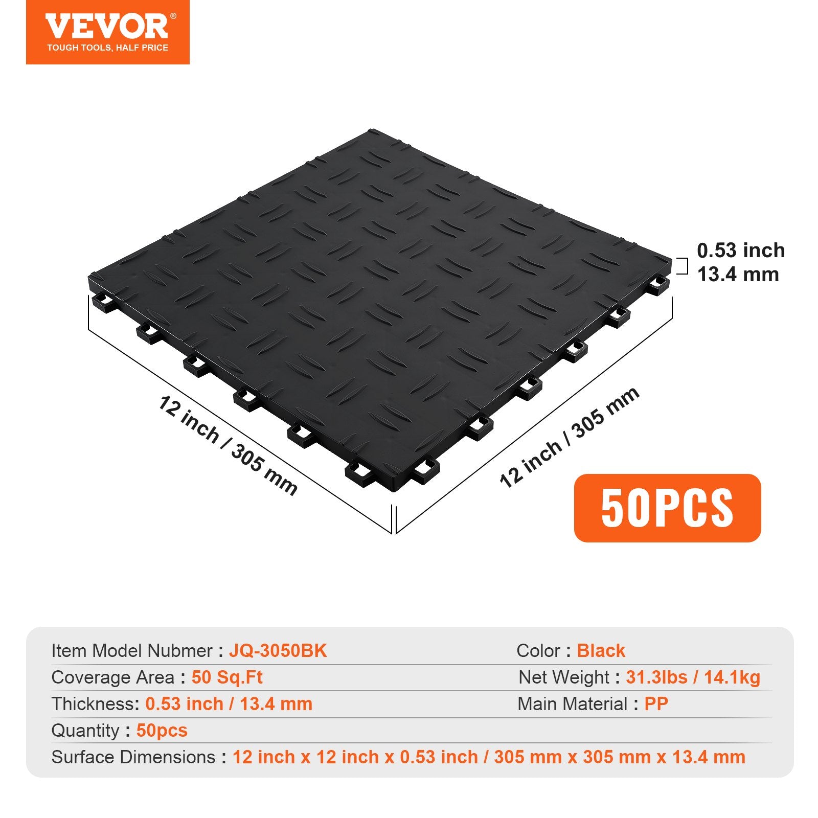 VEVOR Garage Tiles Interlocking, 12 x 12 x 0.53 inch 50 Pack Garage Floor Covering Tiles, Non-Slip Double-Sided Texture Garage Flooring Tiles, for Garages, Basements, Repair Shops, Black 7