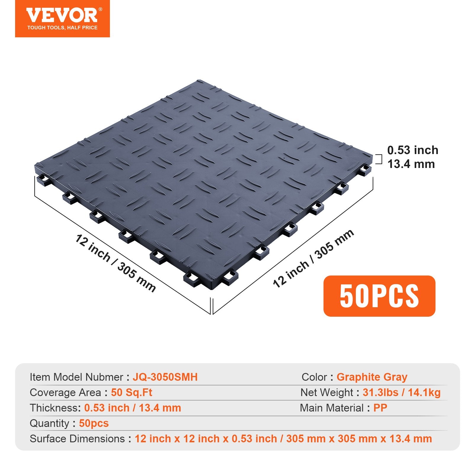 VEVOR Garage Tiles Interlocking, 12 x 12 x 0.53 inch 50 Pack Garage Floor Covering Tiles, Non-Slip Double-Sided Texture Garage Flooring Tiles, for Garages, Basements, Repair Shops, Graphite Gray 7