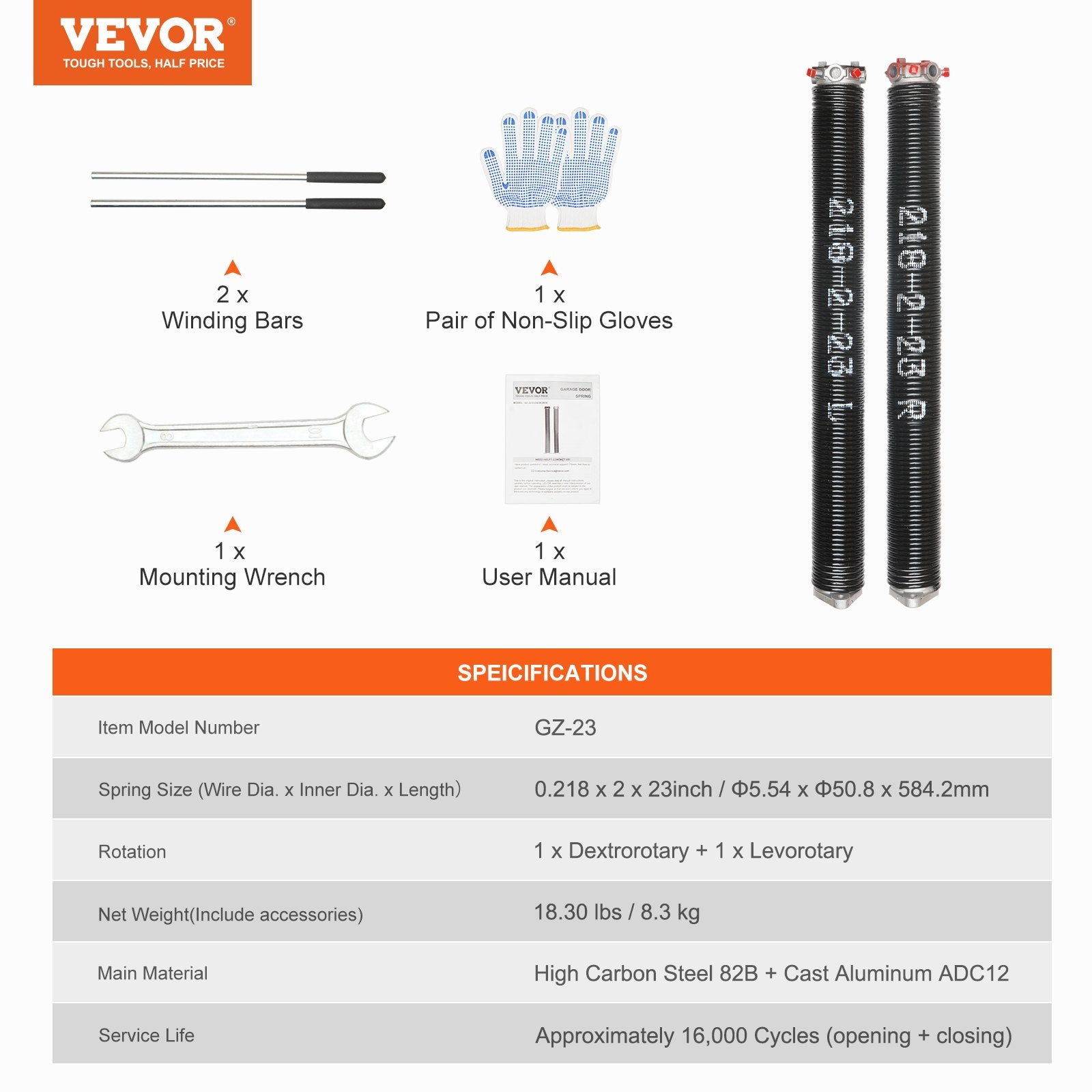VEVOR Garage Door Torsion Springs Pair of 0.218 x 2 x 23inch with Winding Bars 7