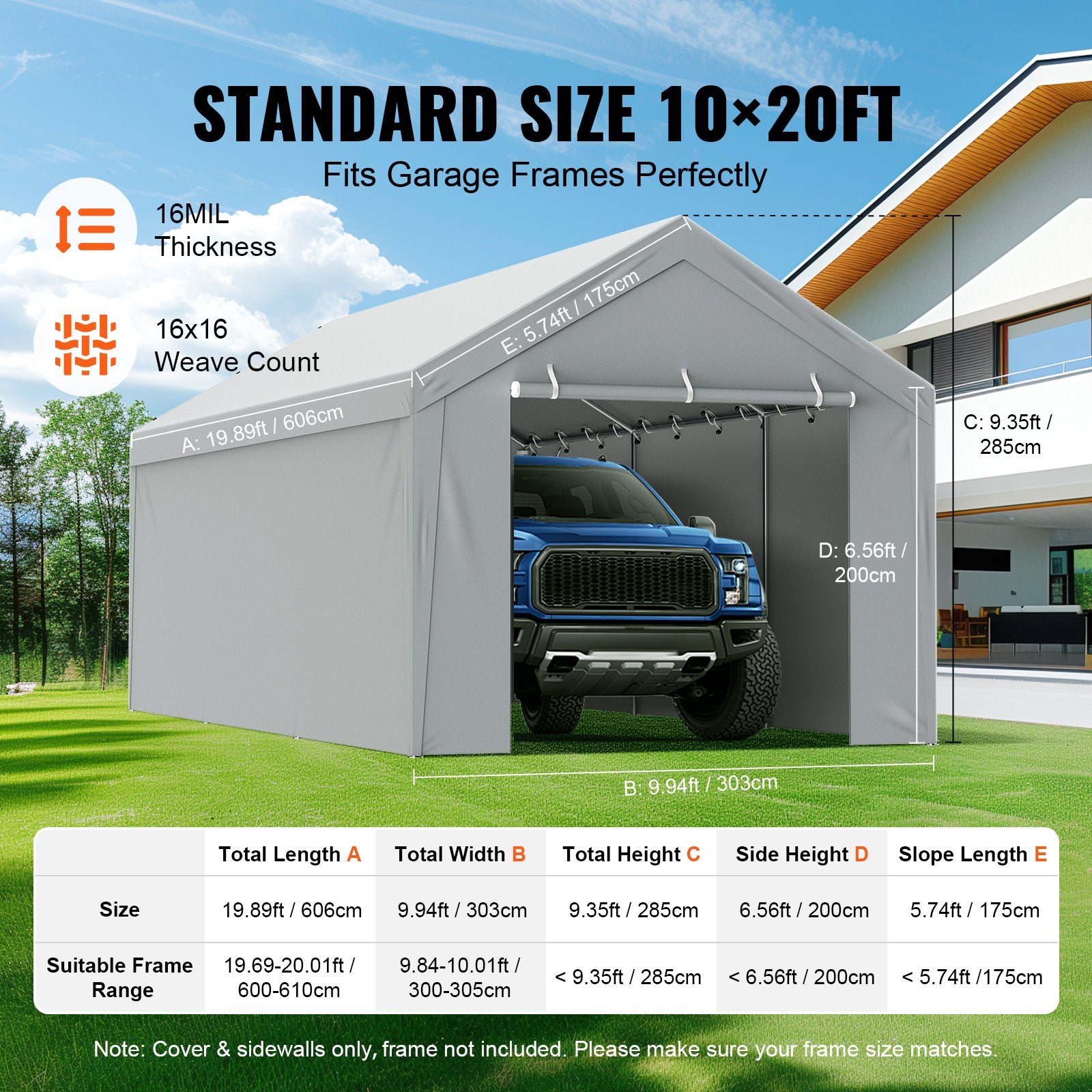 VEVOR Carport Replacement Canopy Cover Top + Side Wall 10 x 20 ft, Garage Tent Shelter Tarp Heavy-Duty Waterproof & UV Protected, Easy Installation with Ball Bungees,White (Frame Not Included) 4