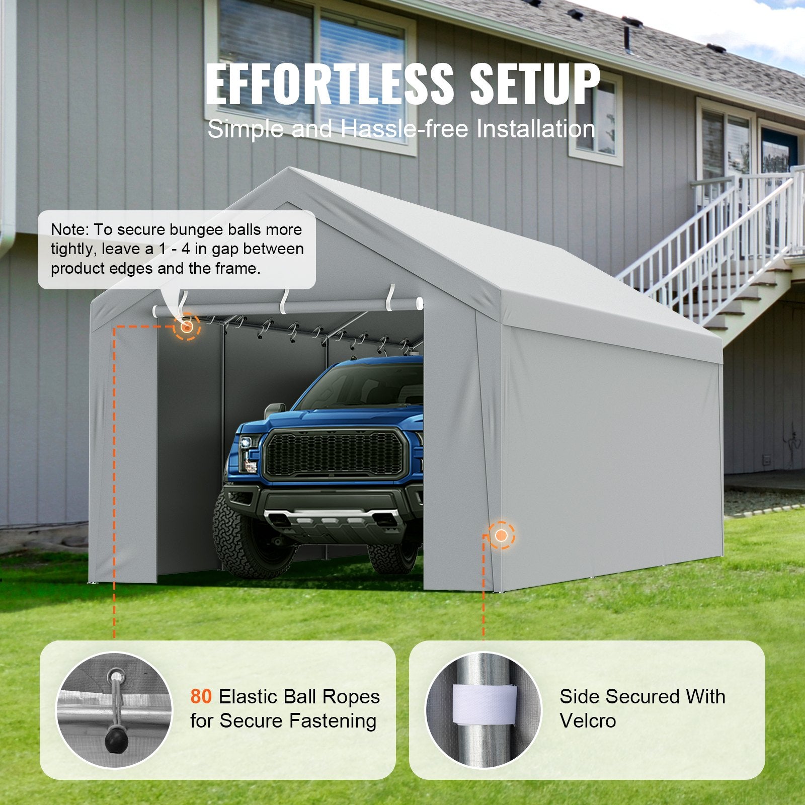 VEVOR Carport Replacement Canopy Cover Top + Side Wall 10 x 20 ft, Garage Tent Shelter Tarp Heavy-Duty Waterproof & UV Protected, Easy Installation with Ball Bungees,White (Frame Not Included) 5
