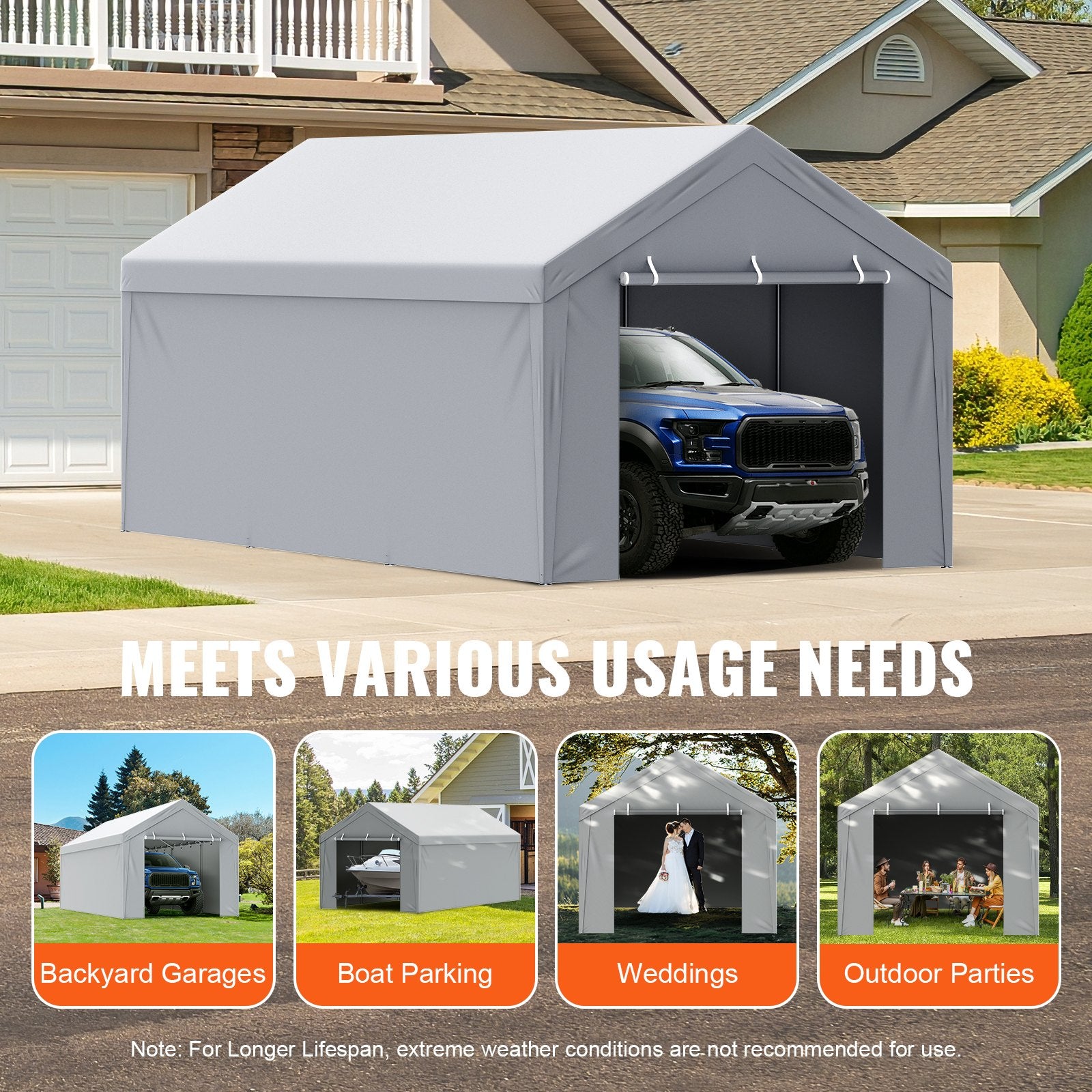 VEVOR Carport Replacement Canopy Cover Top + Side Wall 10 x 20 ft, Garage Tent Shelter Tarp Heavy-Duty Waterproof & UV Protected, Easy Installation with Ball Bungees,White (Frame Not Included) 7