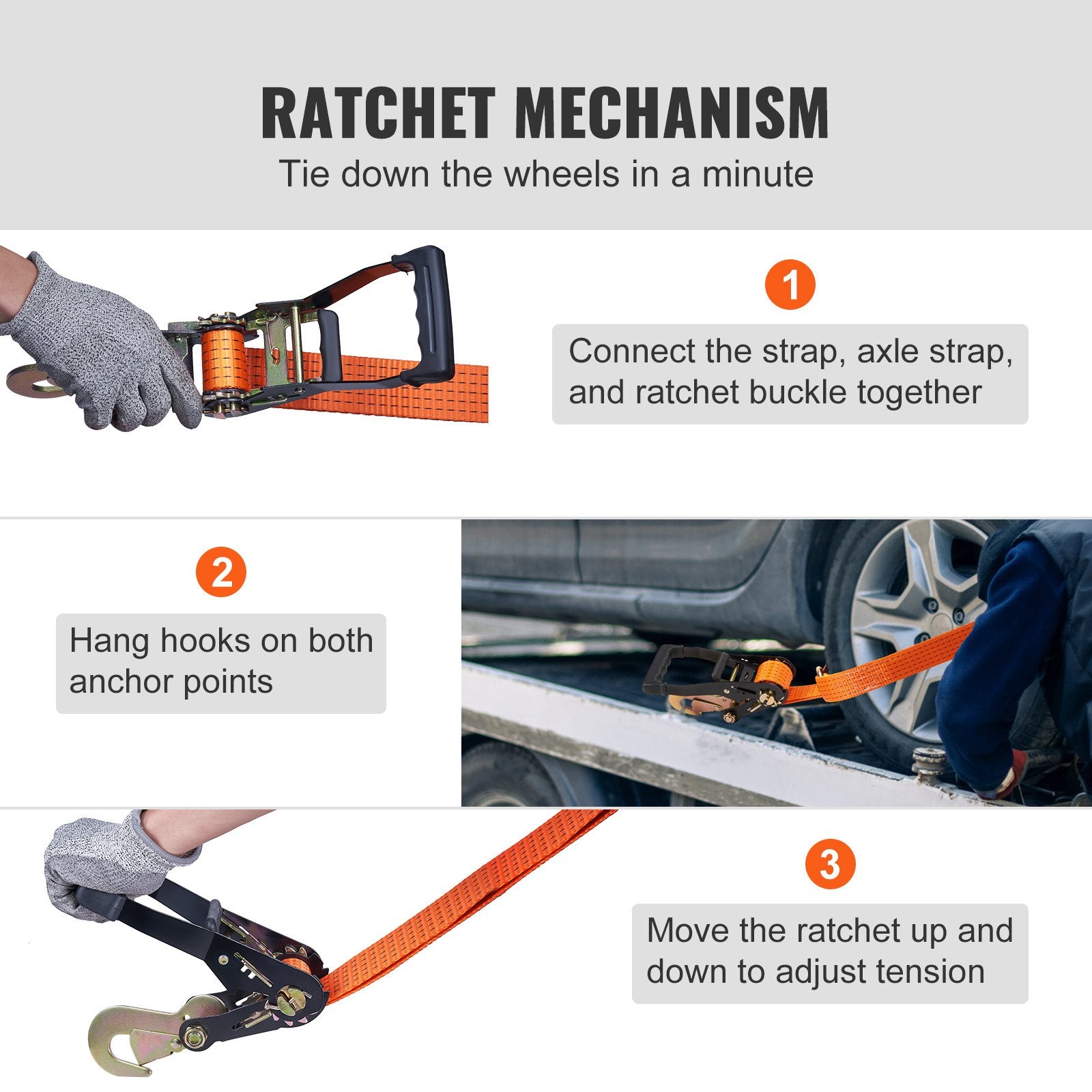 VEVOR Ratchet Tie Down Straps Kit, 5.08" x 304.8" Tire Straps, 2500kgs Working Load, 11023 LBS Breaking Strength, Car Tie Down Straps with Snap Hooks for Passenger Car, Truck, Trailer, 4-Pack 5