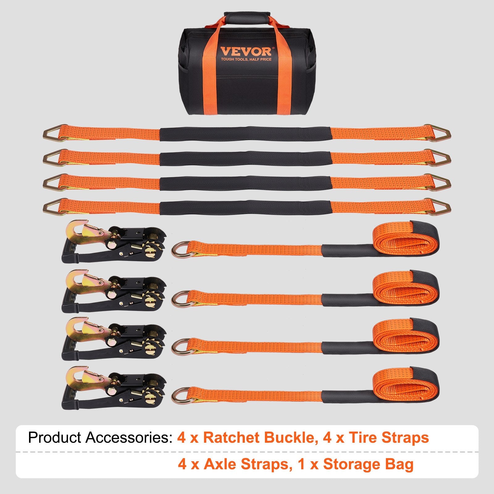 VEVOR Ratchet Tie Down Straps Kit, 5.08" x 304.8" Tire Straps, 2500kgs Working Load, 11023 LBS Breaking Strength, Car Tie Down Straps with Snap Hooks for Passenger Car, Truck, Trailer, 4-Pack 7