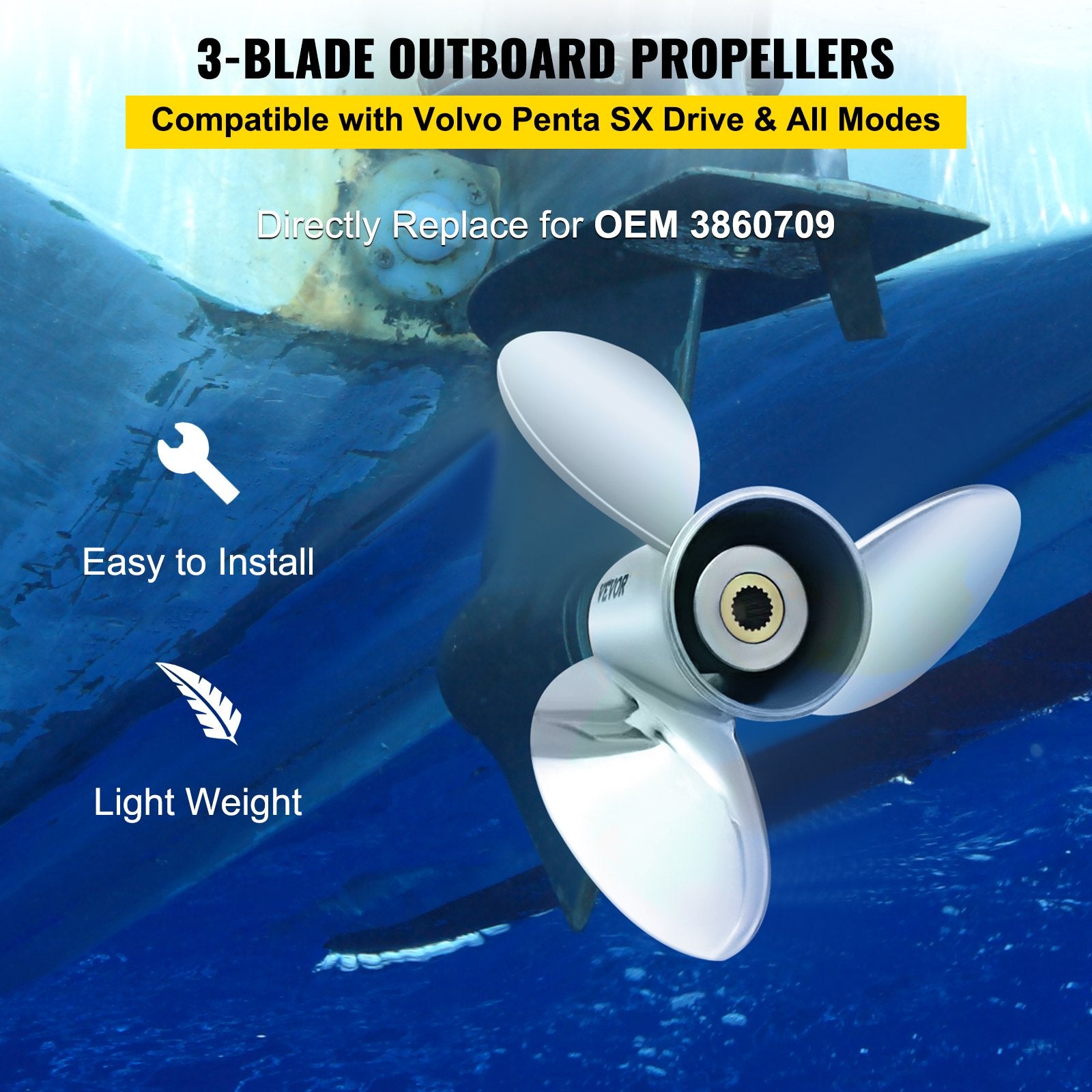 VEVOR Outboard Propeller, Replace for OEM 3860709, 3-Blade 14.5\" x 21\" Pitch Steel Boat Propeller, Compatible with Volvo Penta SX Drive All Models, with 19 Tooth Splines, RH