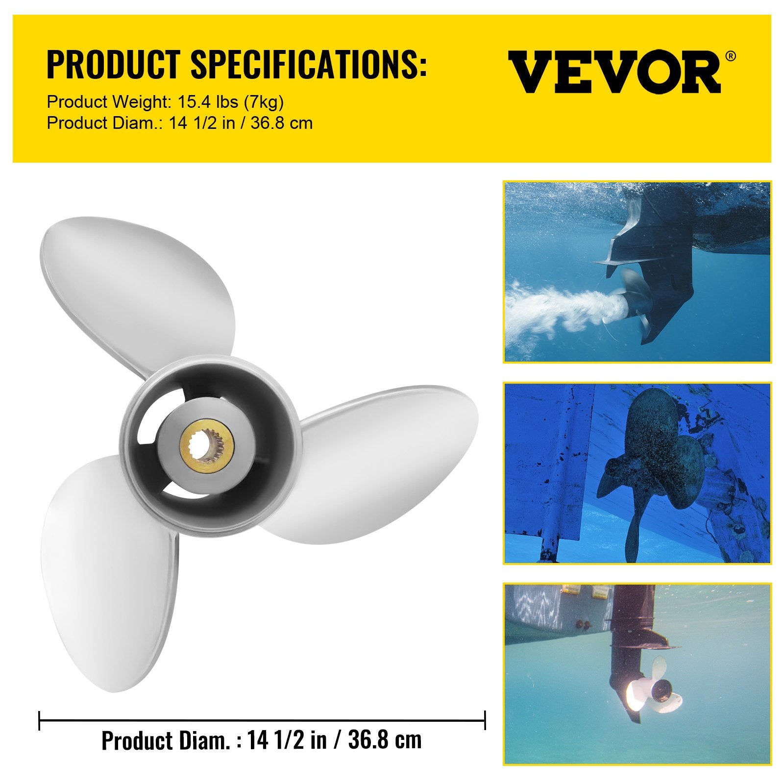 VEVOR Outboard Propeller, Replace for OEM 3860709, 3-Blade 14.5\" x 21\" Pitch Steel Boat Propeller, Compatible with Volvo Penta SX Drive All Models, with 19 Tooth Splines, RH 7