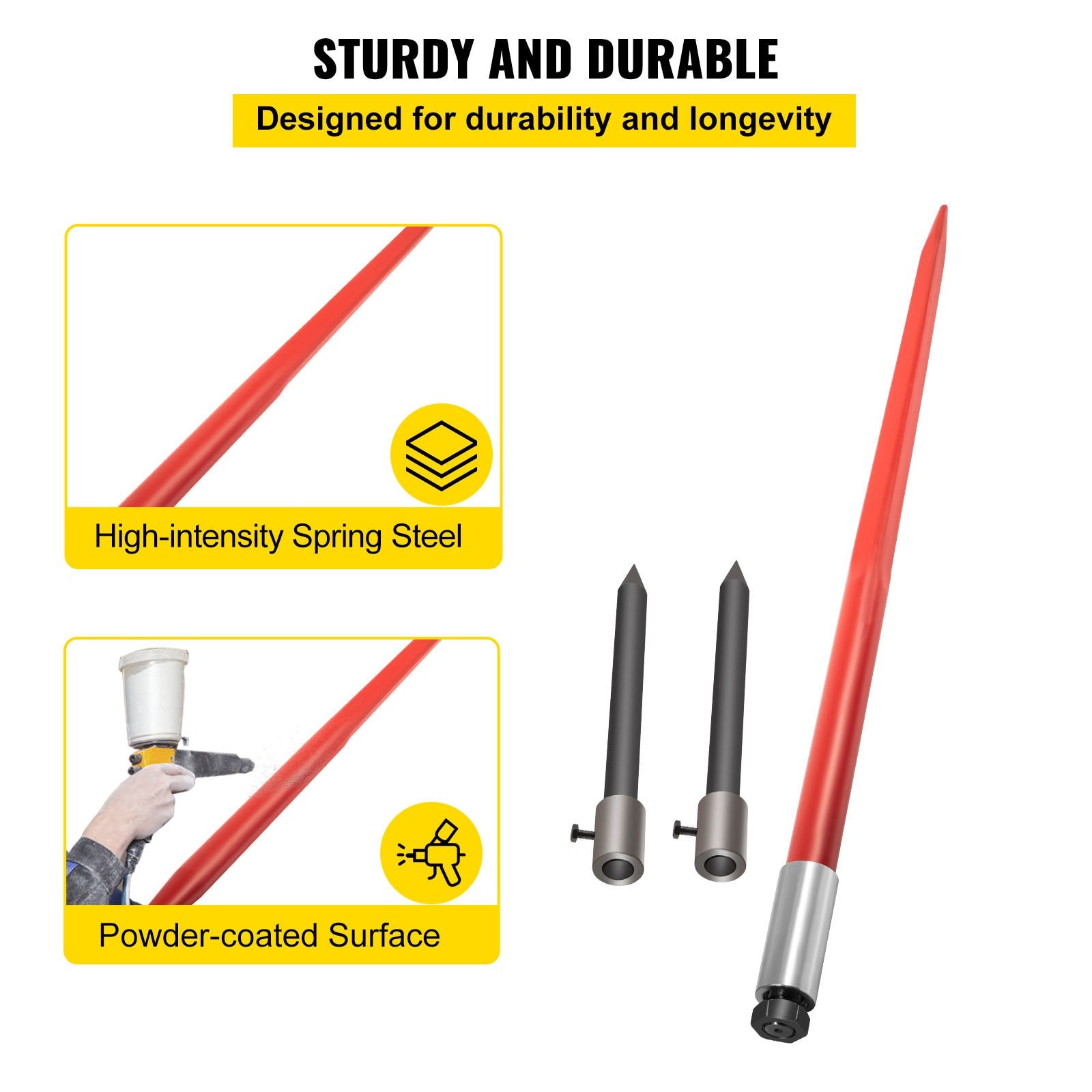 VEVOR Hay Spear 49" Bale Spear 3000 lbs Capacity, Bale Spike Quick Attach Square Hay Bale Spears, Red Coated Bale Forks, Bale Hay Spike with 2 Stabilizer Spears 3