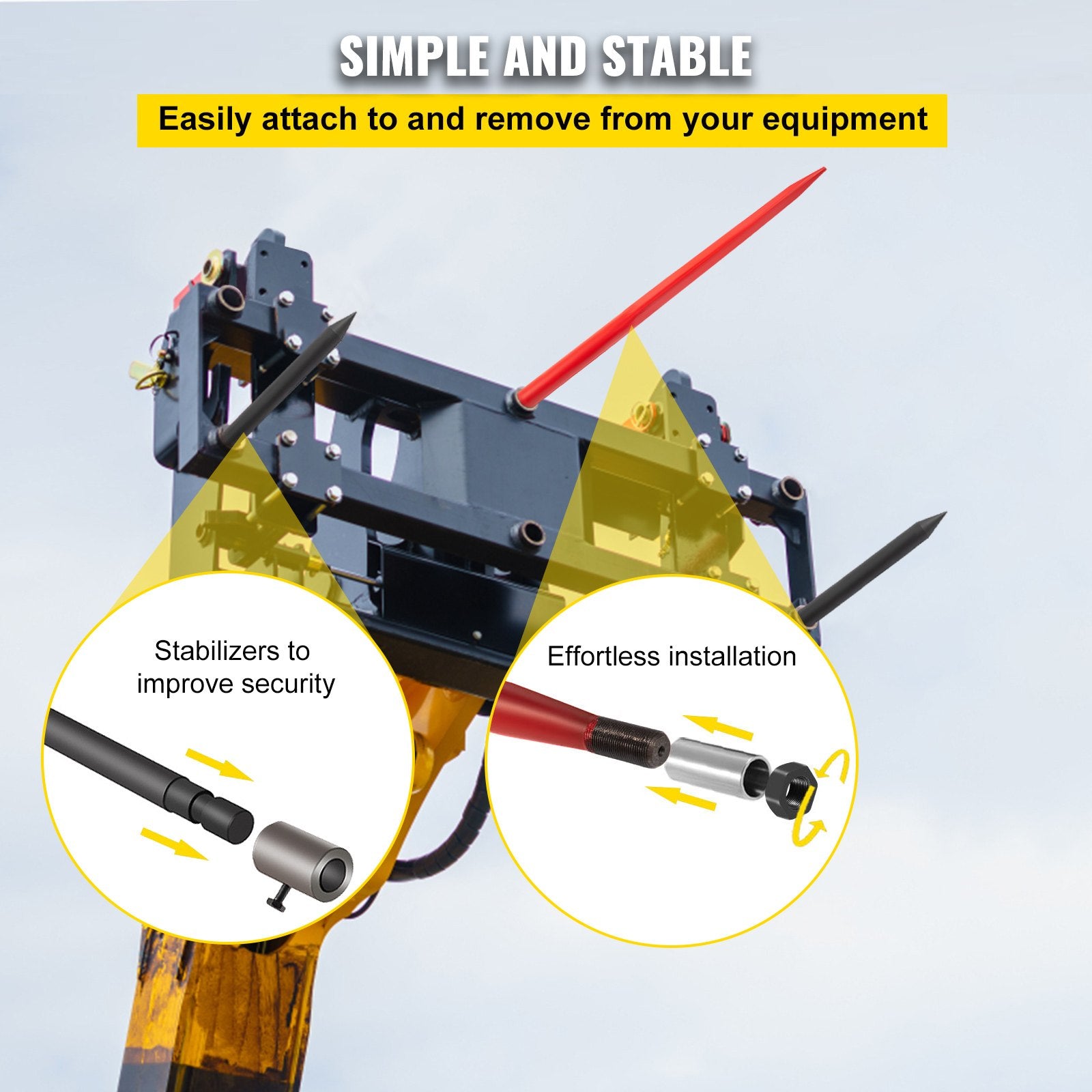 VEVOR Hay Spear 49" Bale Spear 3000 lbs Capacity, Bale Spike Quick Attach Square Hay Bale Spears, Red Coated Bale Forks, Bale Hay Spike with 2 Stabilizer Spears 5