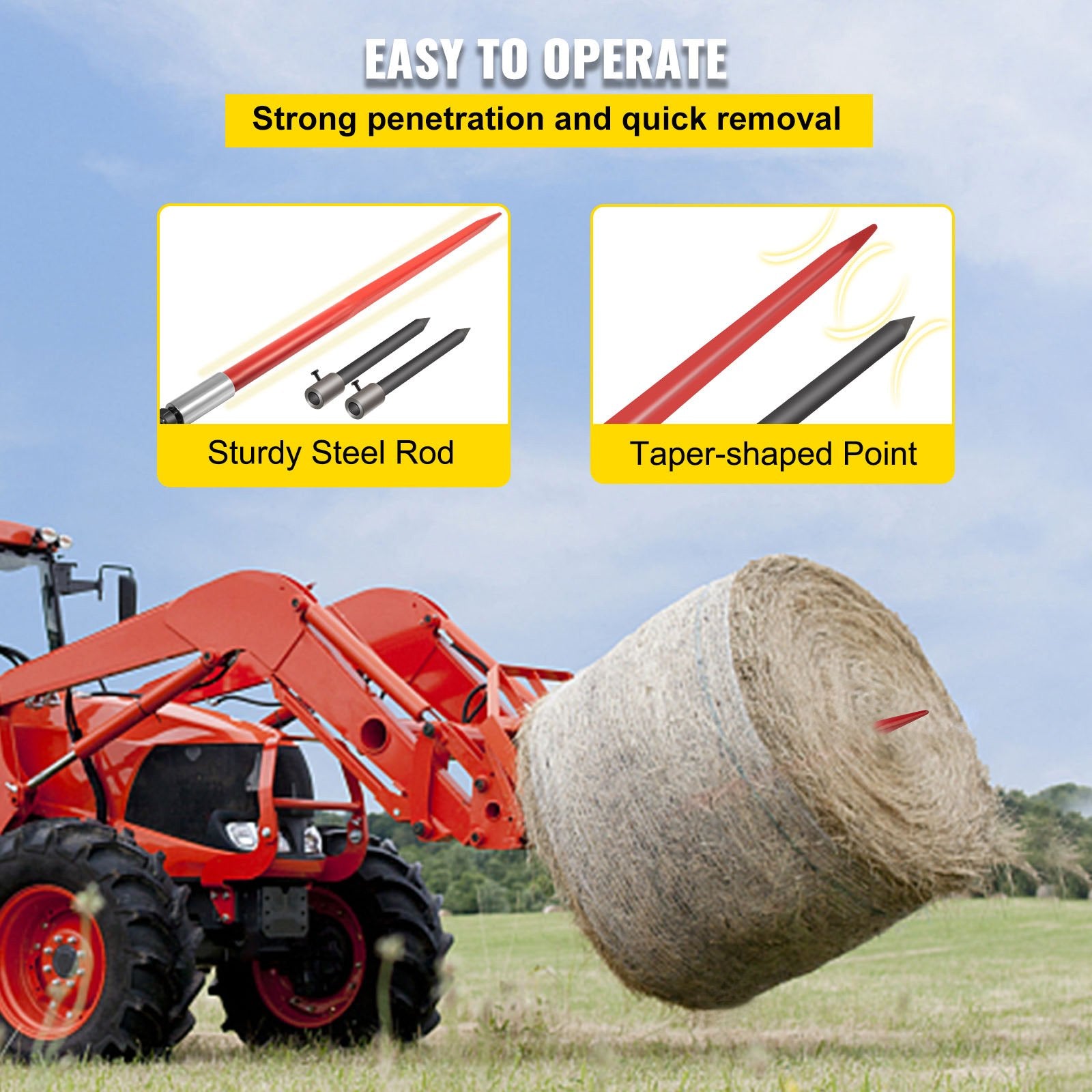 VEVOR Hay Spear 49" Bale Spear 3000 lbs Capacity, Bale Spike Quick Attach Square Hay Bale Spears, Red Coated Bale Forks, Bale Hay Spike with 2 Stabilizer Spears 6