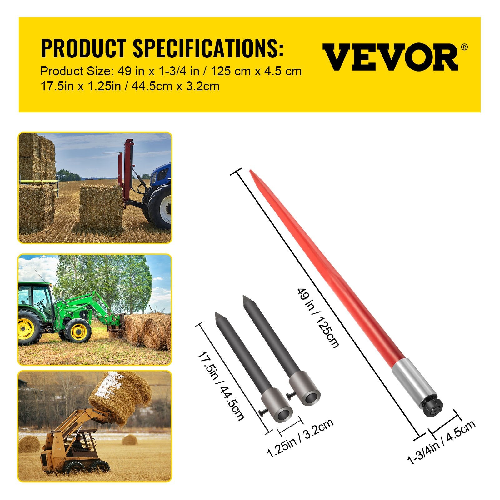 VEVOR Hay Spear 49" Bale Spear 3000 lbs Capacity, Bale Spike Quick Attach Square Hay Bale Spears, Red Coated Bale Forks, Bale Hay Spike with 2 Stabilizer Spears 7