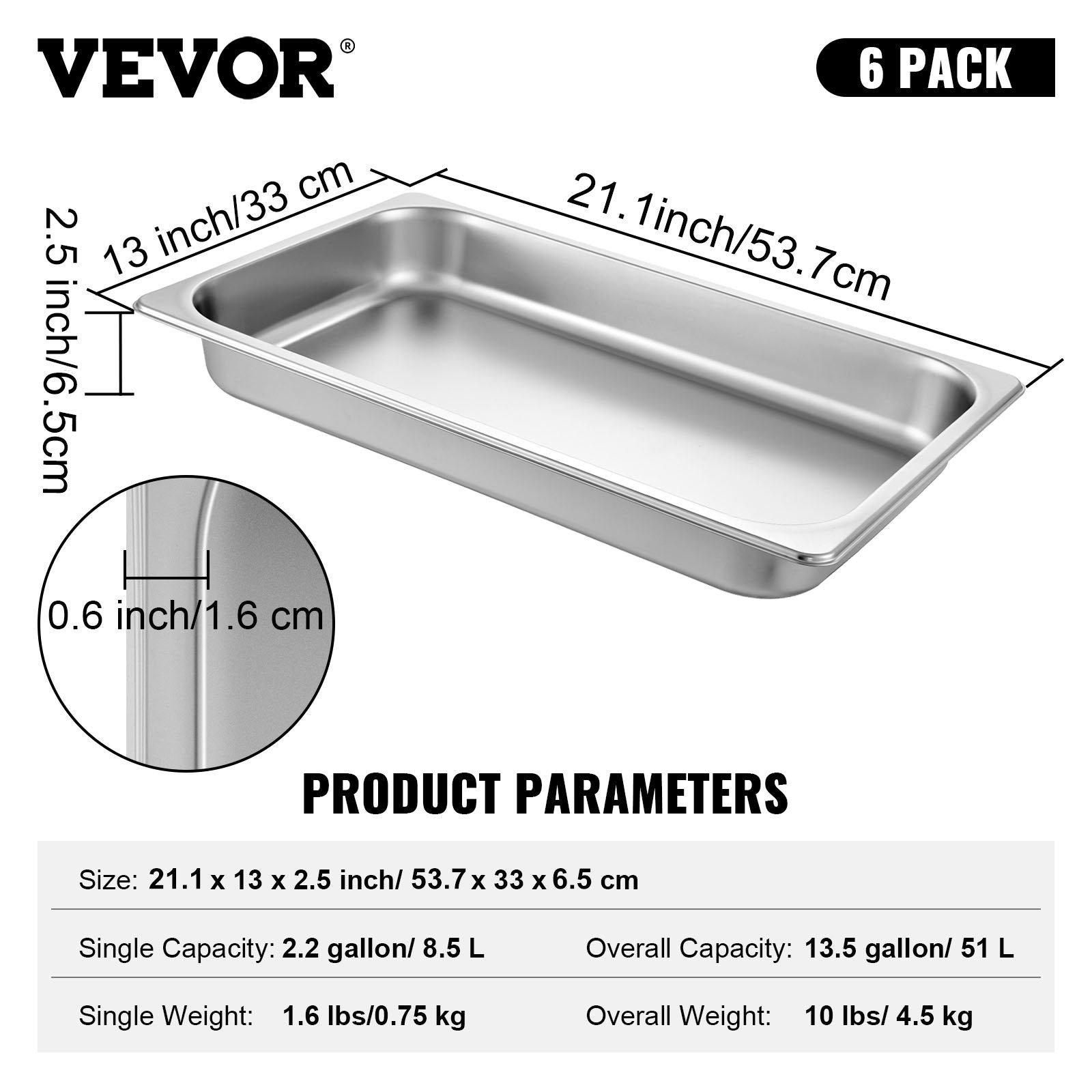 VEVOR Hotel Pans Full Size 2.5 Inch Deep, Steam Table Pan 6 Pack , 22 Gauge/0.8mm Thick Stainless Steel Hotel Pan Anti Jam Steam Table Pan 7