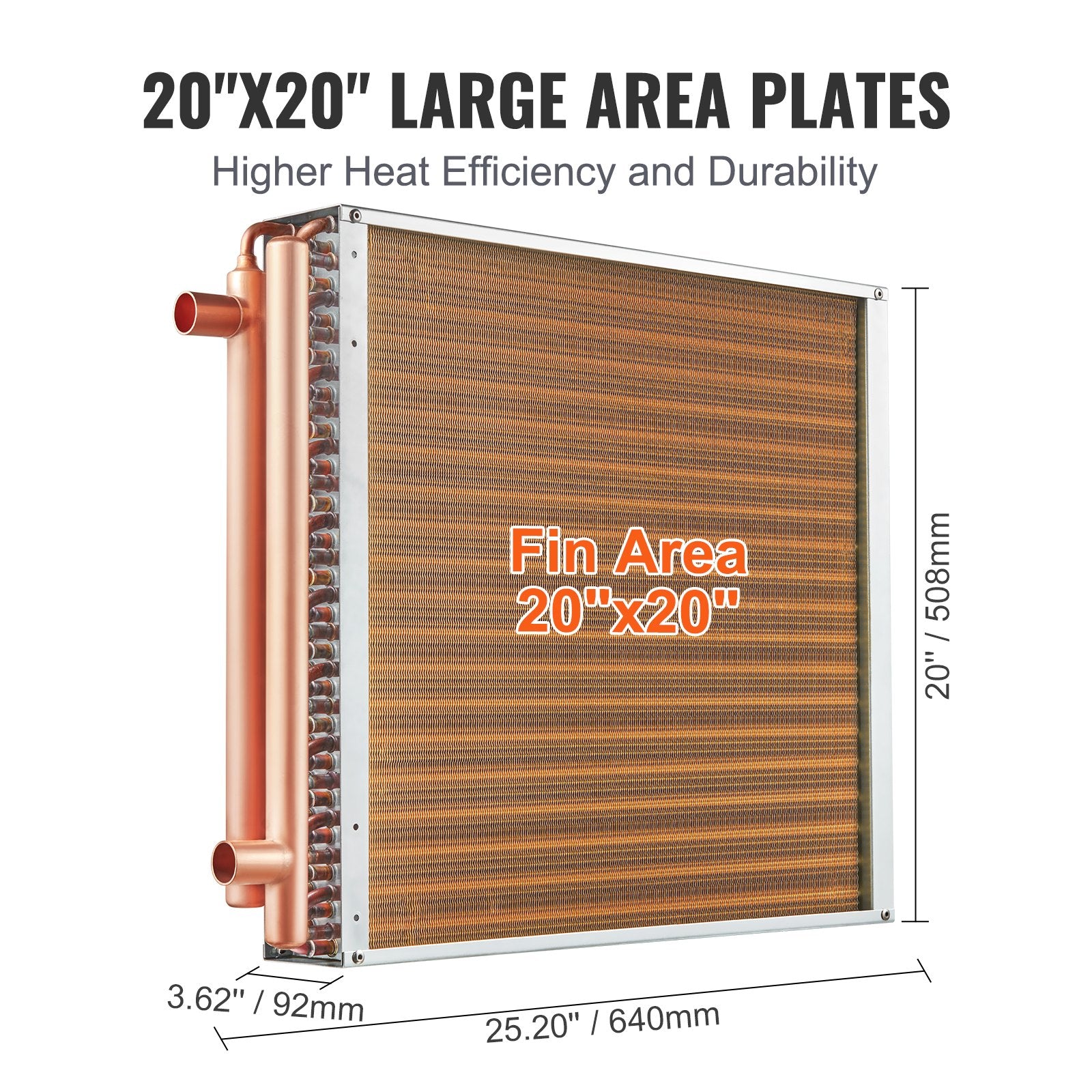 VEVOR 20"x 20" Heat Exchanger Water to Air 3-Row 3/8" Copper Ports 242 Fins 5