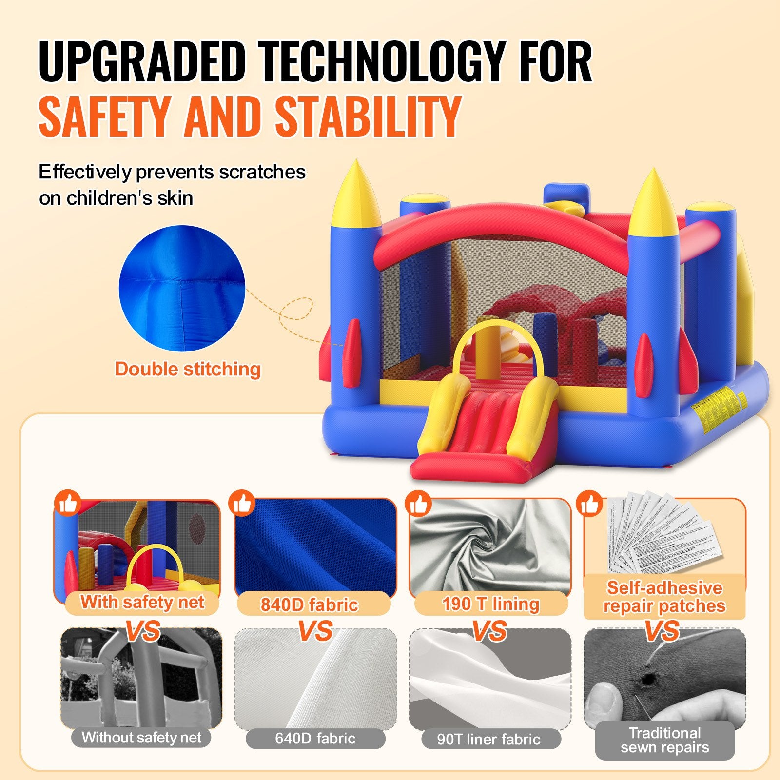 VEVOR Inflatable Bounce House, Outdoor High Quality Playhouse Trampoline, Jumping Bouncer with Blower, Slide, and Storage Bag, Family Backyard Bouncy Castle, for Kid Ages 3_8 Years, 4.0x2.4x2.4m 3