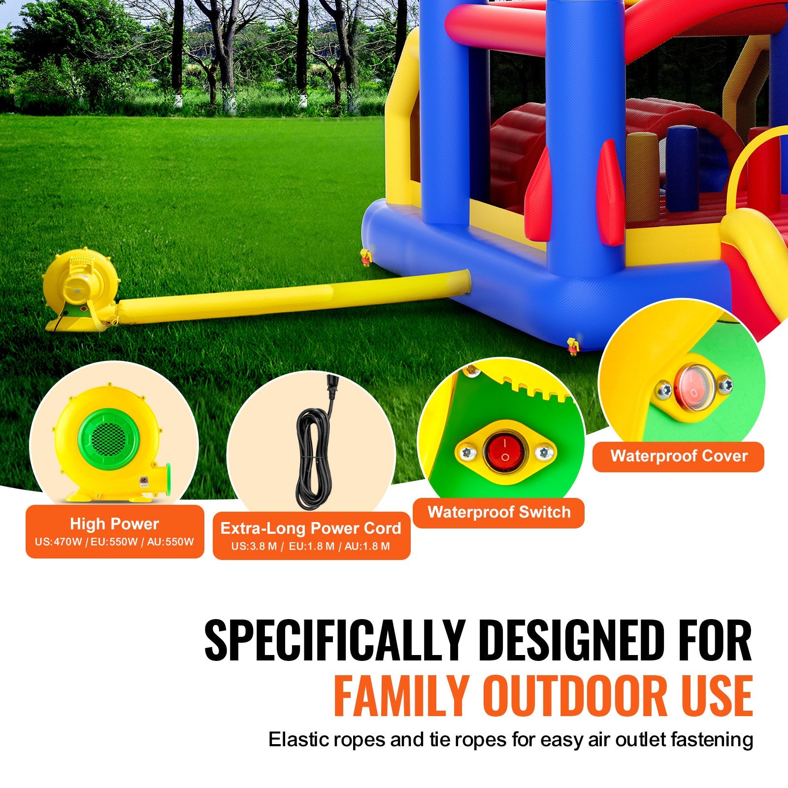 VEVOR Inflatable Bounce House, Outdoor High Quality Playhouse Trampoline, Jumping Bouncer with Blower, Slide, and Storage Bag, Family Backyard Bouncy Castle, for Kid Ages 3_8 Years, 4.0x2.4x2.4m 5