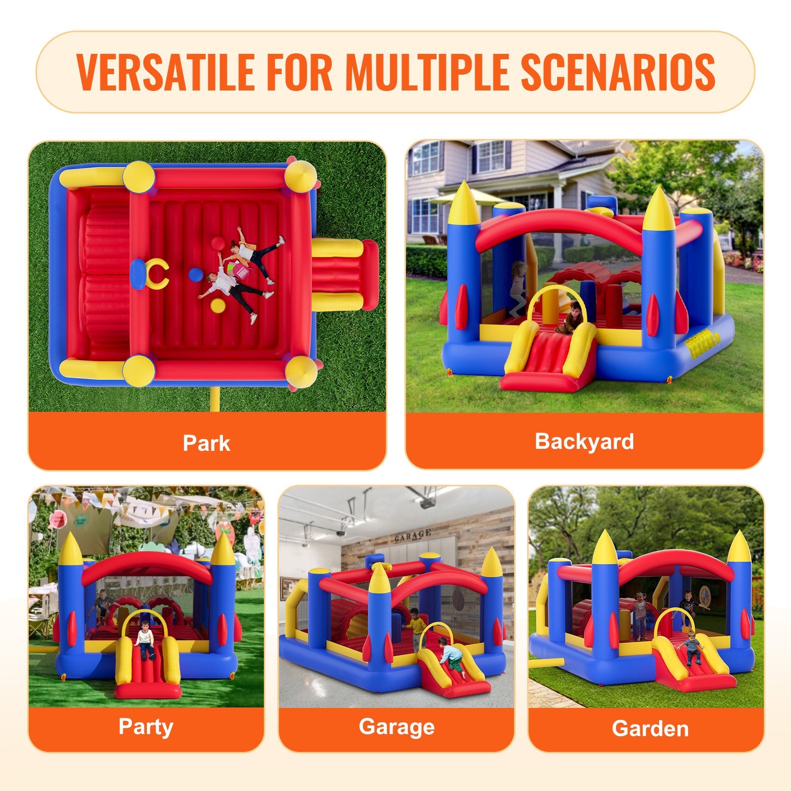 VEVOR Inflatable Bounce House, Outdoor High Quality Playhouse Trampoline, Jumping Bouncer with Blower, Slide, and Storage Bag, Family Backyard Bouncy Castle, for Kid Ages 3_8 Years, 4.0x2.4x2.4m 6