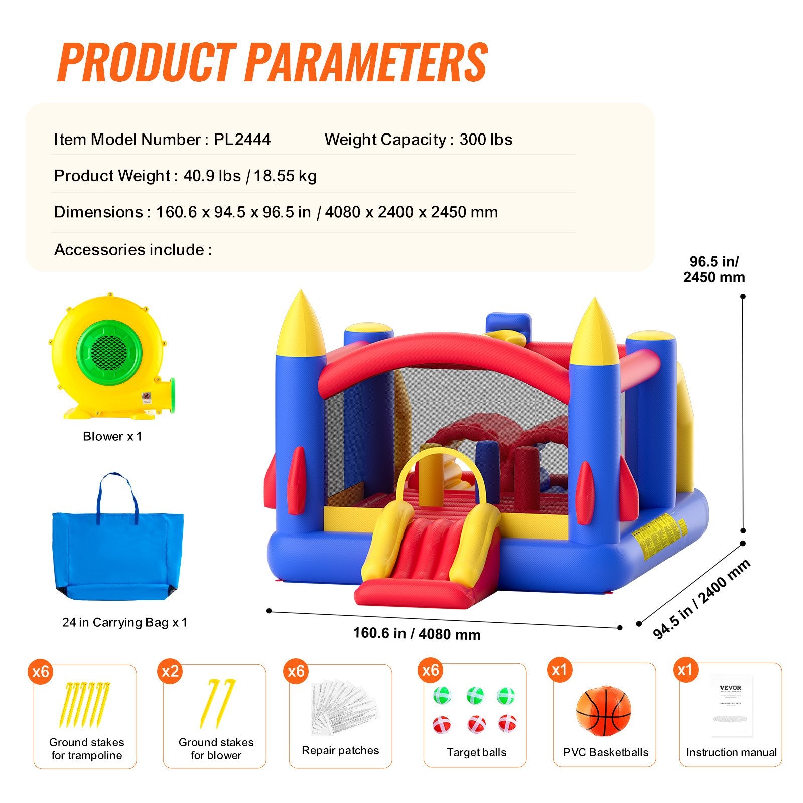 VEVOR Inflatable Bounce House, Outdoor High Quality Playhouse Trampoline, Jumping Bouncer with Blower, Slide, and Storage Bag, Family Backyard Bouncy Castle, for Kid Ages 3_8 Years, 4.0x2.4x2.4m 7