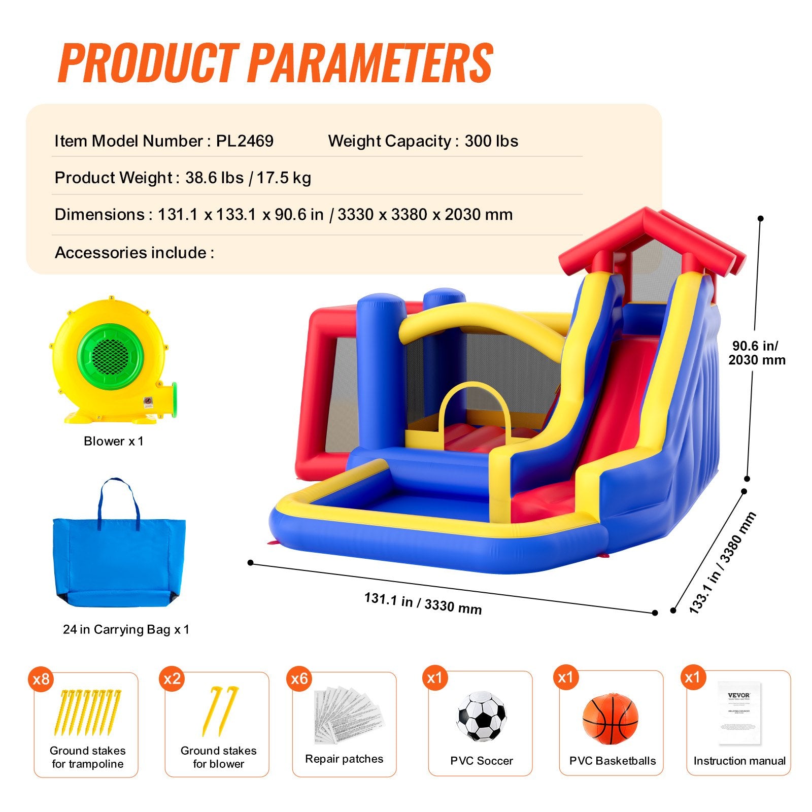VEVOR Inflatable Bounce House, Outdoor High Quality Playhouse Trampoline, Jumping Bouncer with Blower, Slide, and Storage Bag, Family Backyard Bouncy Castle, for Kid Ages 3_8 Years, 3.3x3x2.3m 5