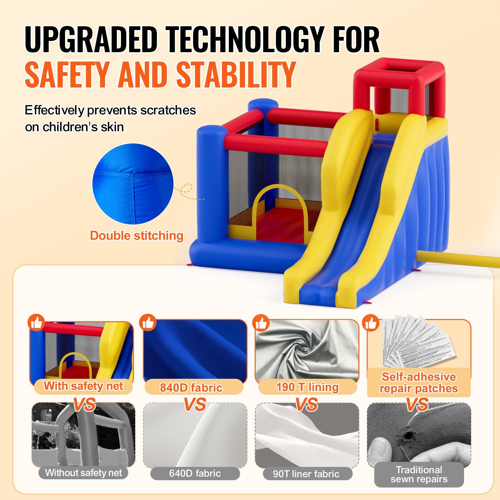 VEVOR Inflatable Bounce House, Outdoor High Quality Playhouse Trampoline, Jumping Bouncer with Blower, Slide, and Storage Bag, Family Backyard Bouncy Castle, for Kid Ages 3_8 Years, 3.4x2.6x2.3m 3