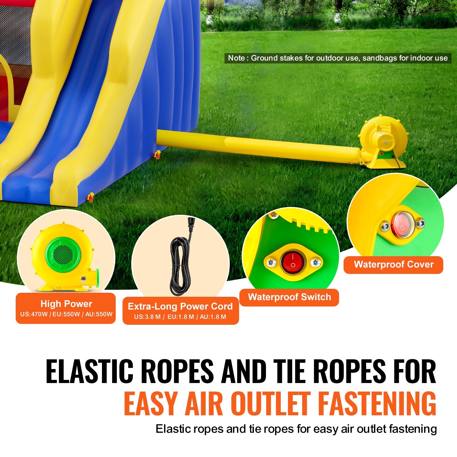 VEVOR Inflatable Bounce House, Outdoor High Quality Playhouse Trampoline, Jumping Bouncer with Blower, Slide, and Storage Bag, Family Backyard Bouncy Castle, for Kid Ages 3_8 Years, 3.4x2.6x2.3m 4