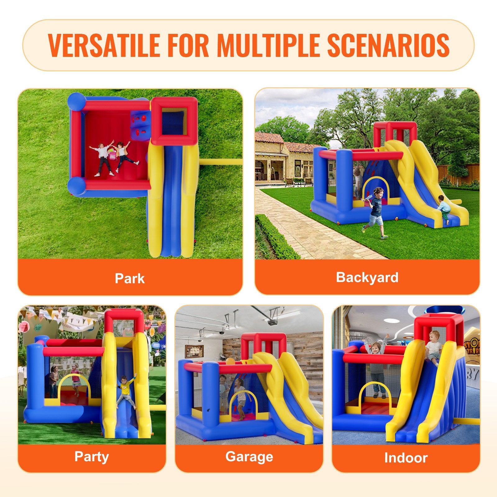VEVOR Inflatable Bounce House, Outdoor High Quality Playhouse Trampoline, Jumping Bouncer with Blower, Slide, and Storage Bag, Family Backyard Bouncy Castle, for Kid Ages 3_8 Years, 3.4x2.6x2.3m 5