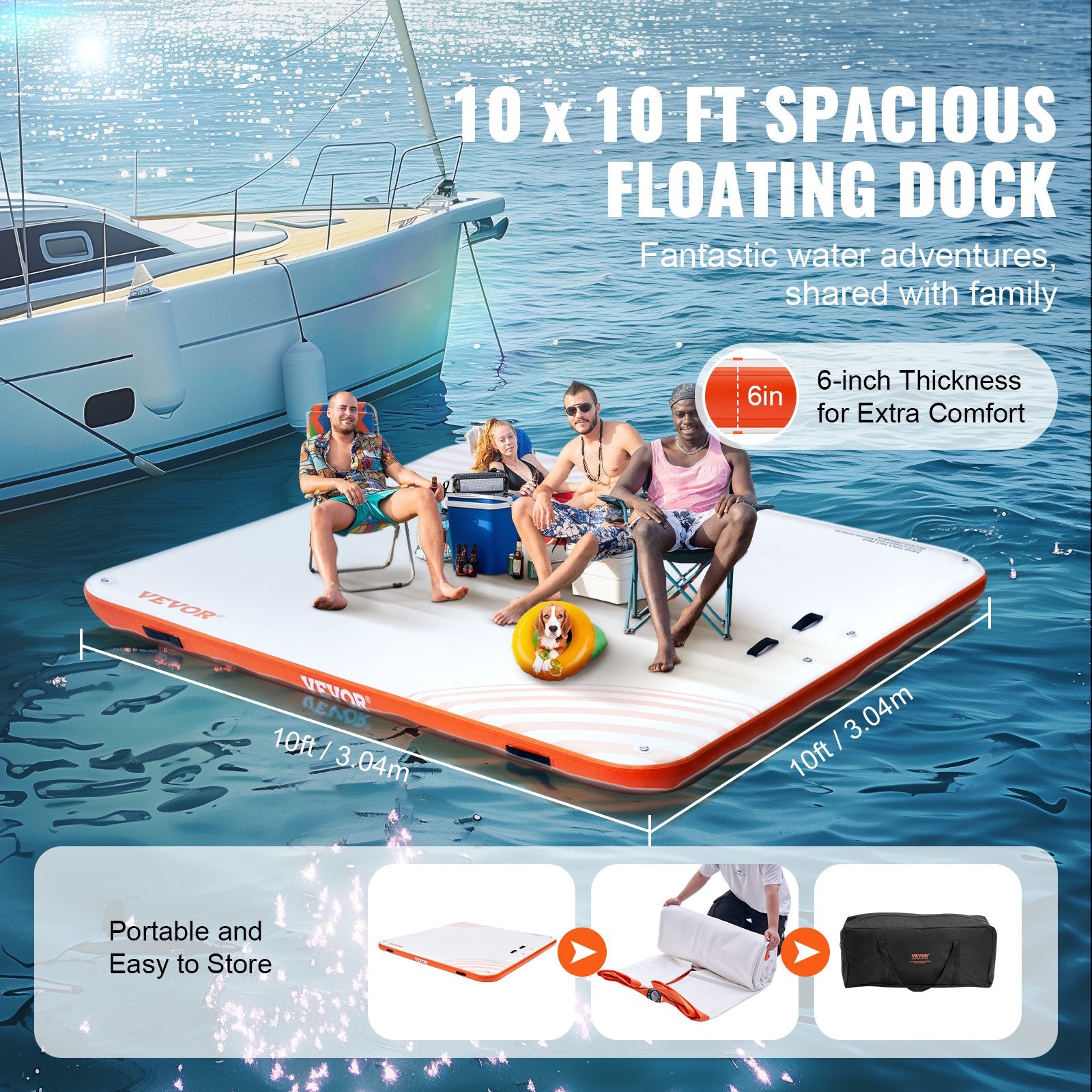 VEVOR Inflatable Floating Dock, 10 x 10FT Inflatable Dock Platform, Non-Slip Water Floating Dock Mat with Portable Carrying Bag & Detachable Ladder, Floating Platform Island Raft for Pool Beach Ocean 3