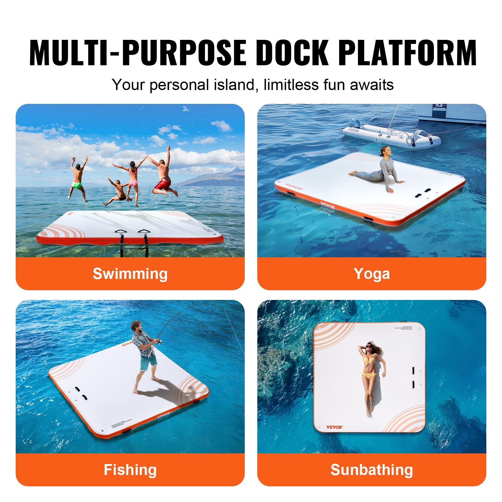 VEVOR Inflatable Floating Dock, 10 x 10FT Inflatable Dock Platform, Non-Slip Water Floating Dock Mat with Portable Carrying Bag & Detachable Ladder, Floating Platform Island Raft for Pool Beach Ocean 6